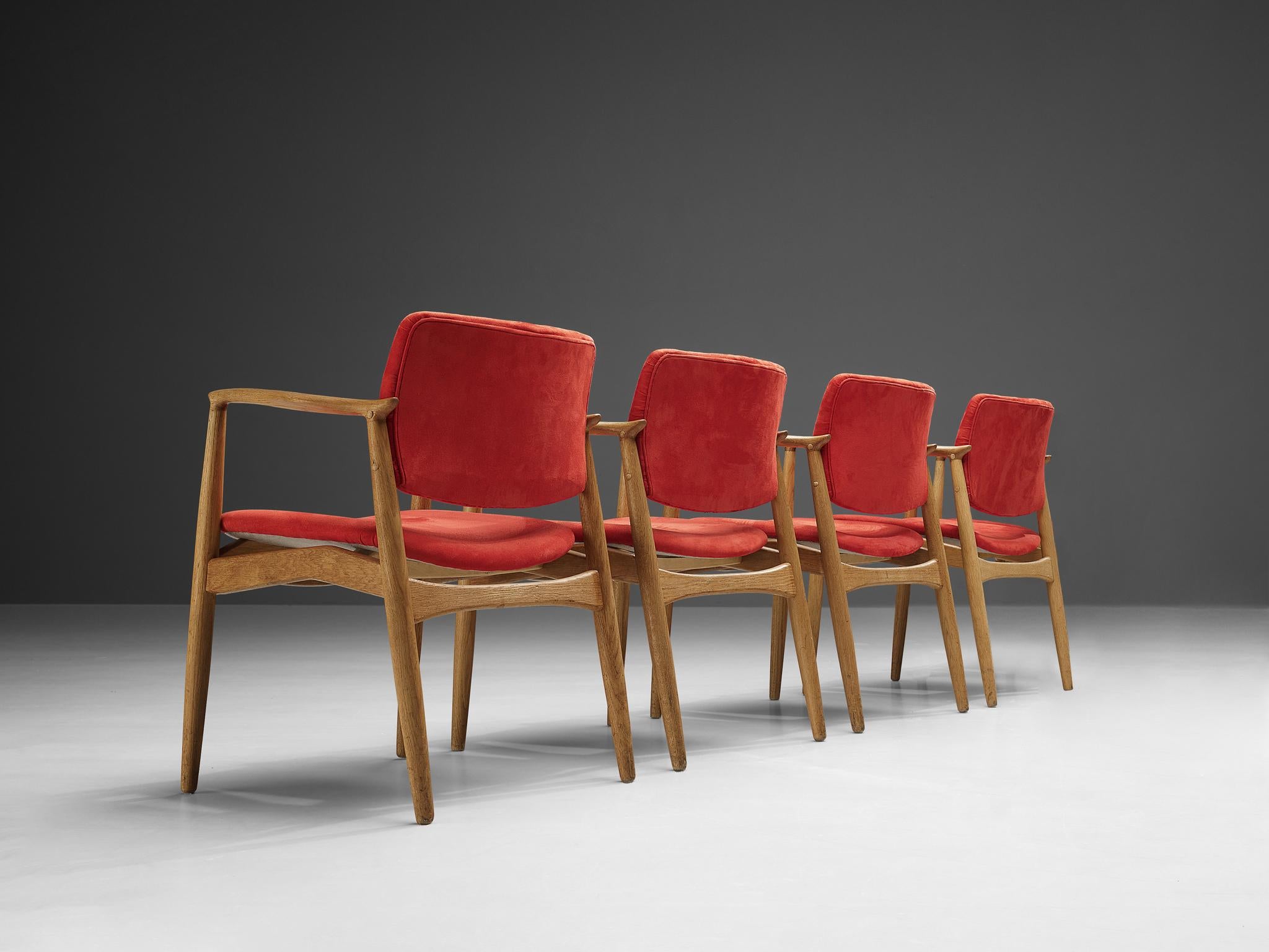 Erik Buch Set of Four 'Captains' Armchairs in Oak and Red Upholstery In Good Condition For Sale In Waalwijk, NL