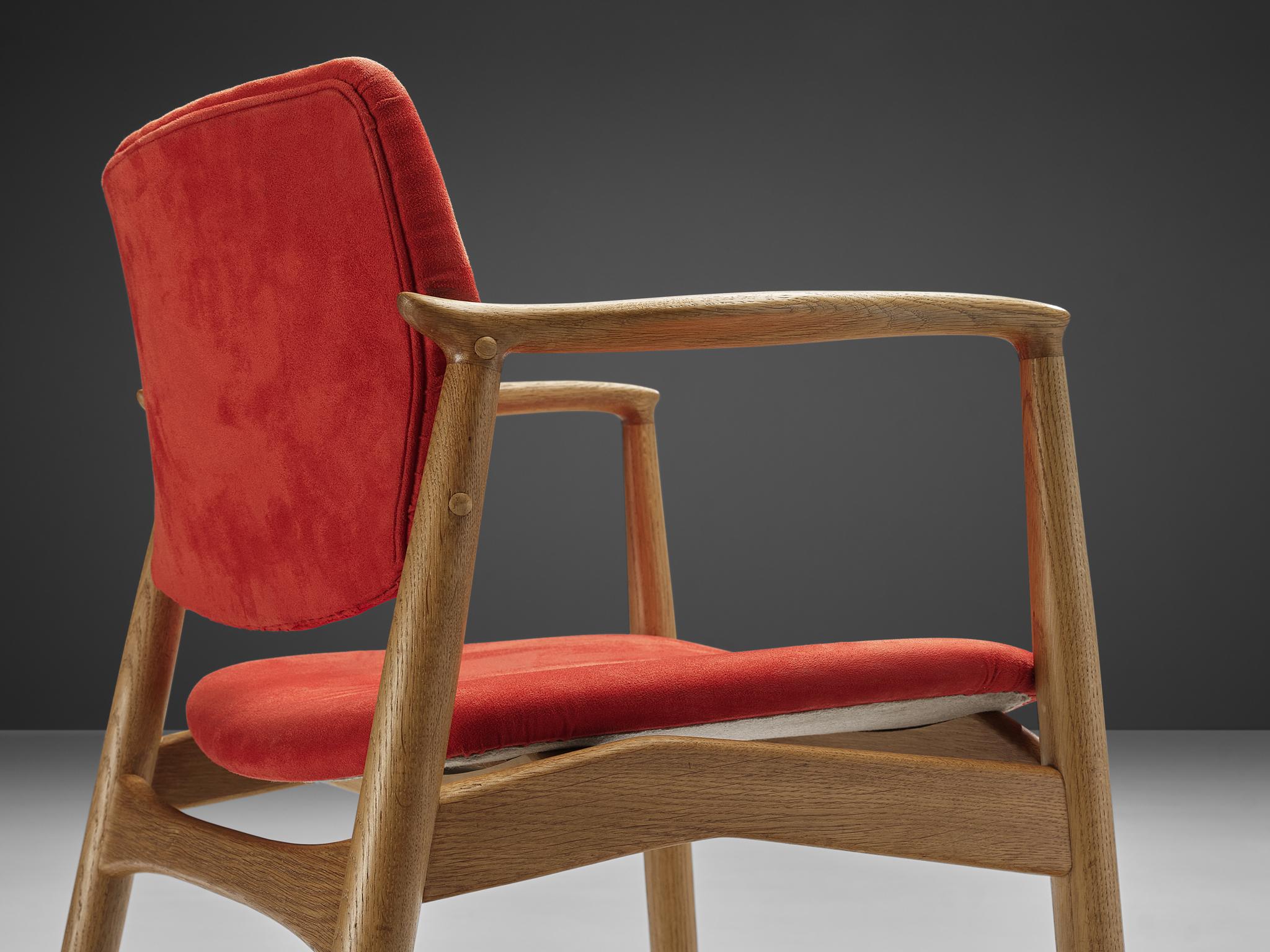 Mid-20th Century Erik Buch Set of Four 'Captains' Armchairs in Oak and Red Upholstery For Sale