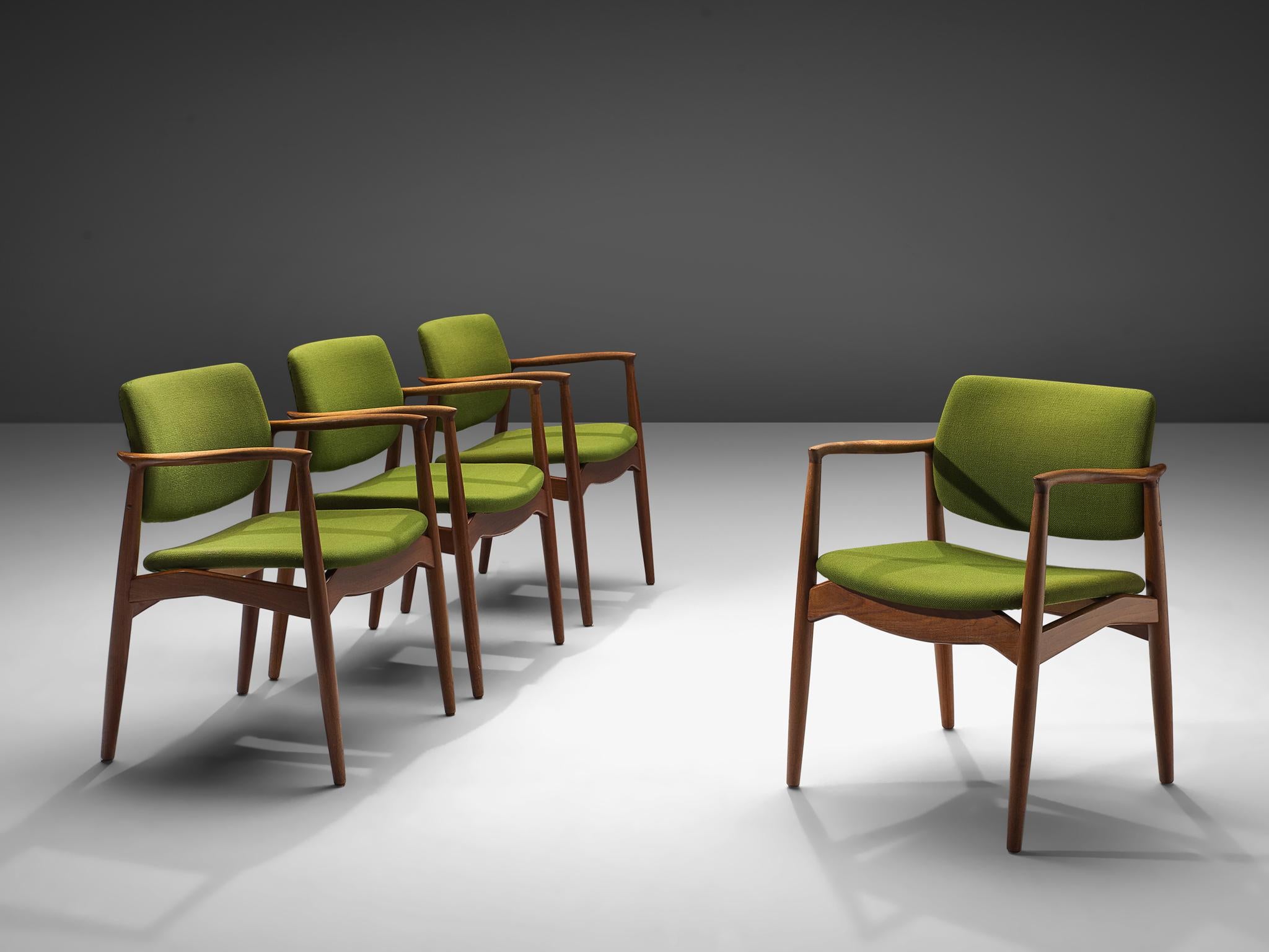 Scandinavian Modern Erik Buch Set of Four 'Captains' Armchairs in Teak and Green Fabric Upholstery