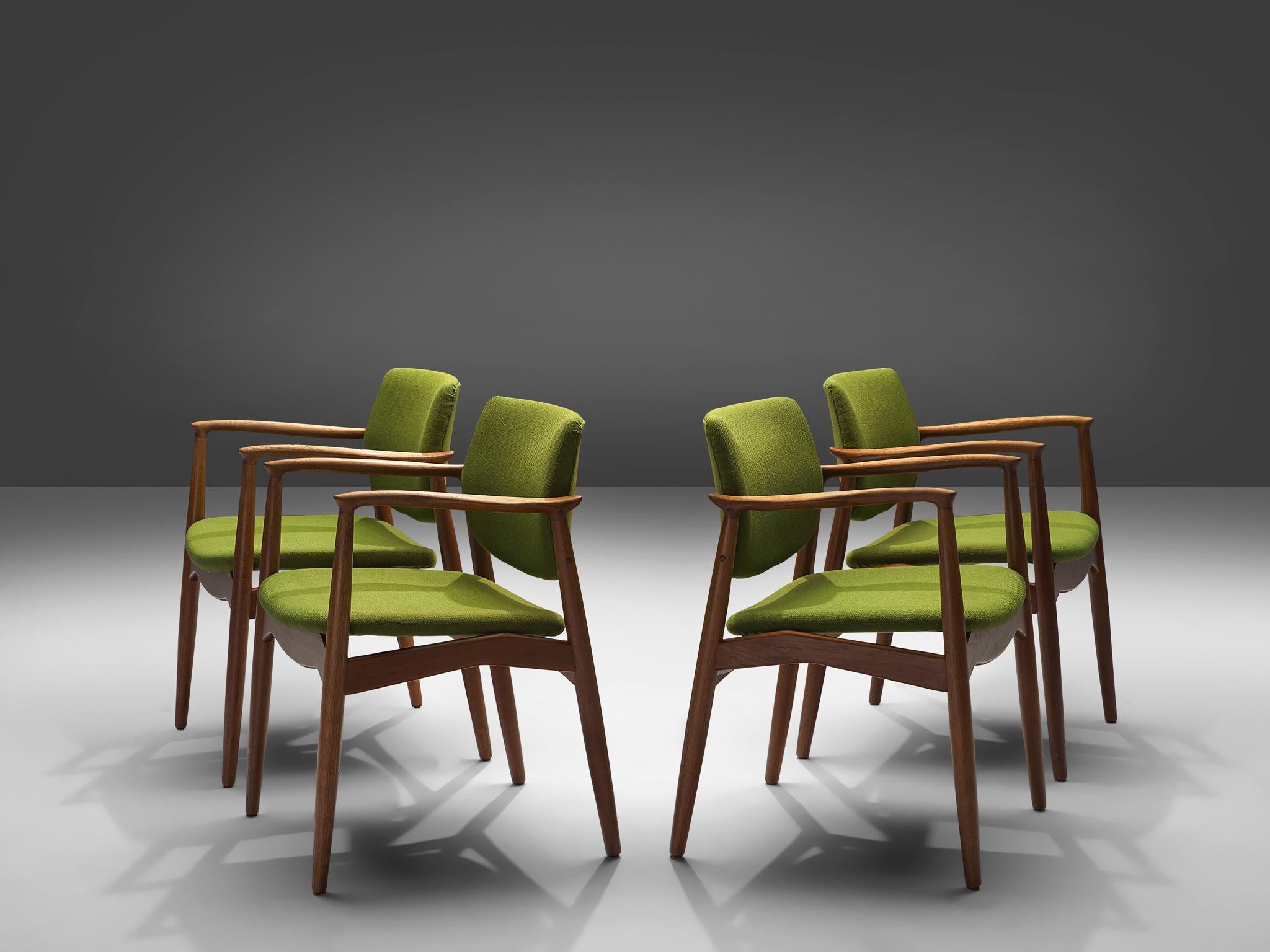Erik Buch Set of Four 'Captains' Armchairs in Teak and Green Fabric Upholstery In Good Condition In Waalwijk, NL