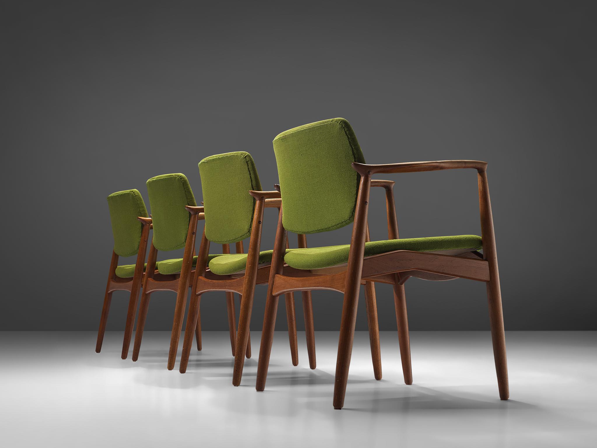 Erik Buch Set of Four 'Captains' Armchairs in Teak and Green Fabric Upholstery 1