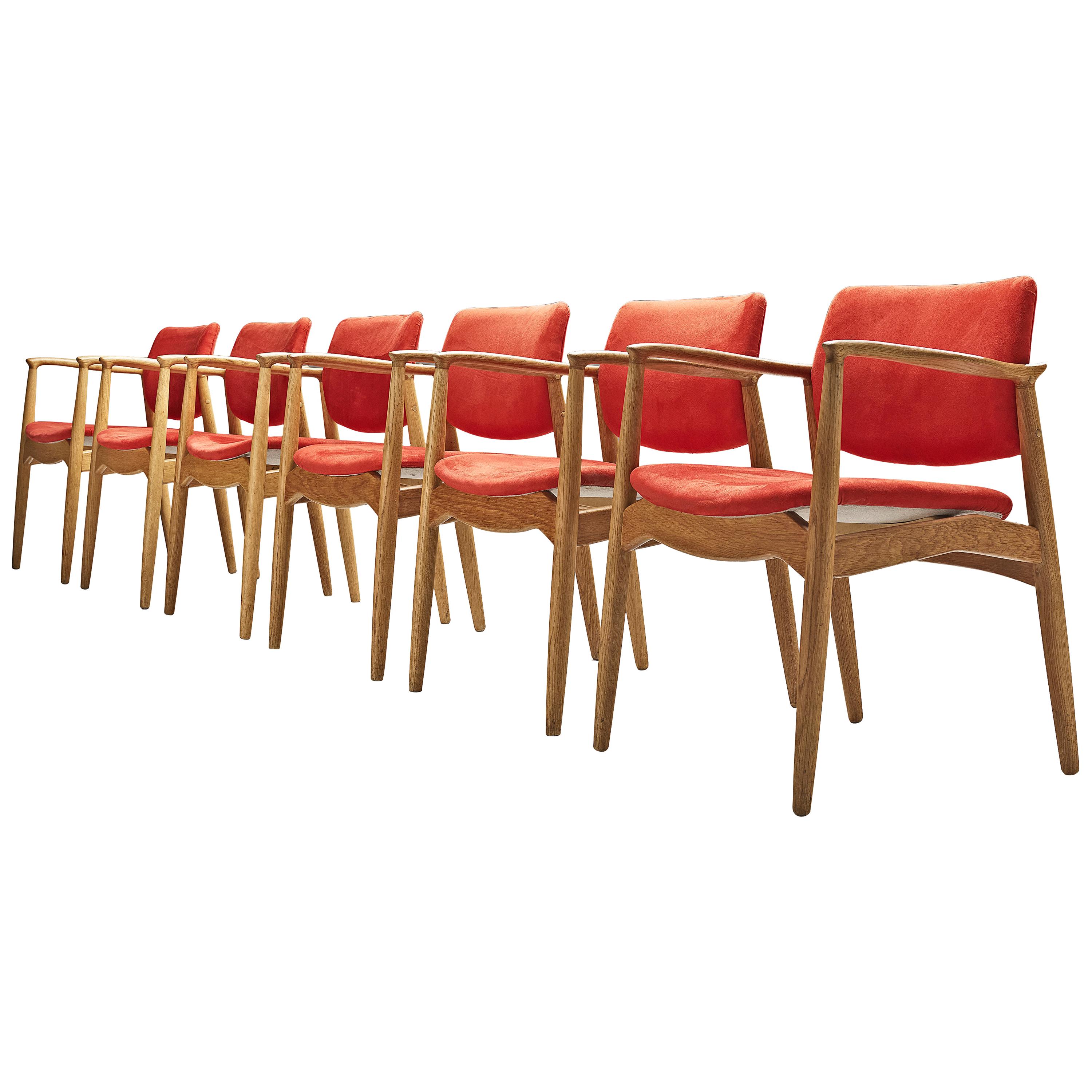 Erik Buch Set of Six 'Captains' Armchairs in Oak and Red Fabric Upholstery
