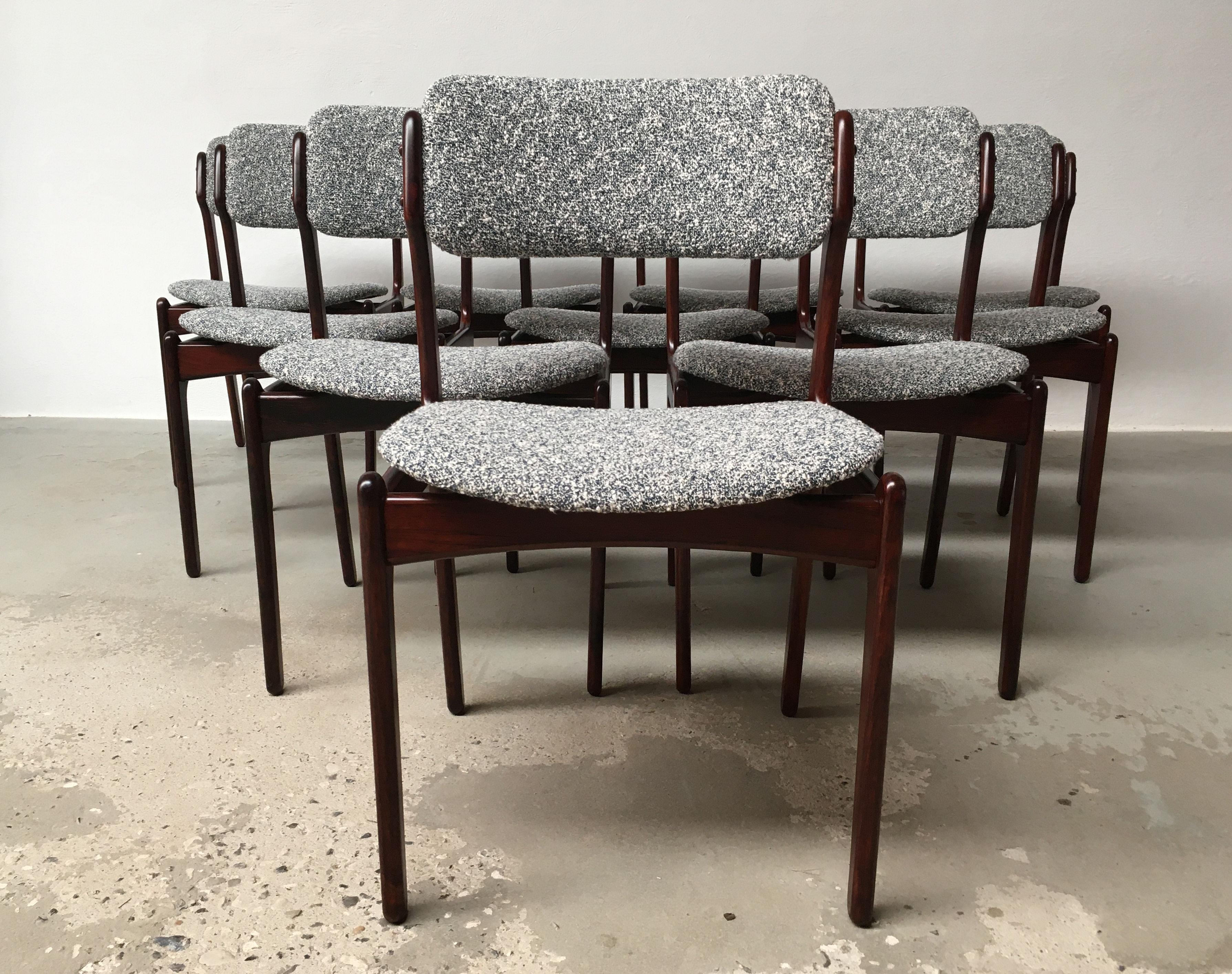 Set of ten fully restored and refinished dining chairs in rosewood with floating seats designed by Erik Buch for Oddense Maskinsnedkeri

The chairs have a simple appealing and sturdy construction and design that is becoming increasingly
