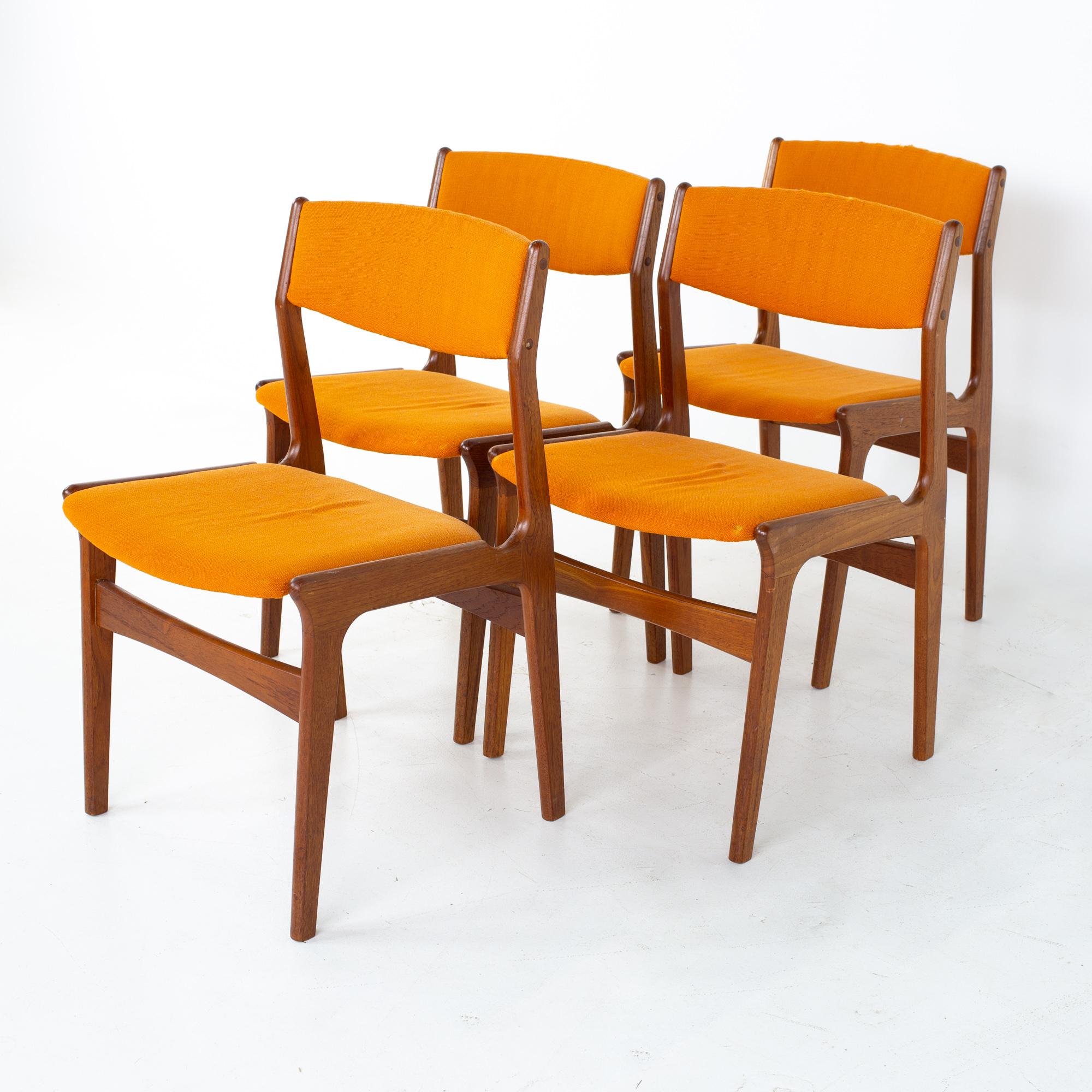 Erik Buch style Dyrlund mid century Danish teak dining chairs - Set of 4
Each chair measures: 19 wide x 18 deep x 30.5 high, with a seat height of 17.25 inches 

All pieces of furniture can be had in what we call restored vintage condition. That