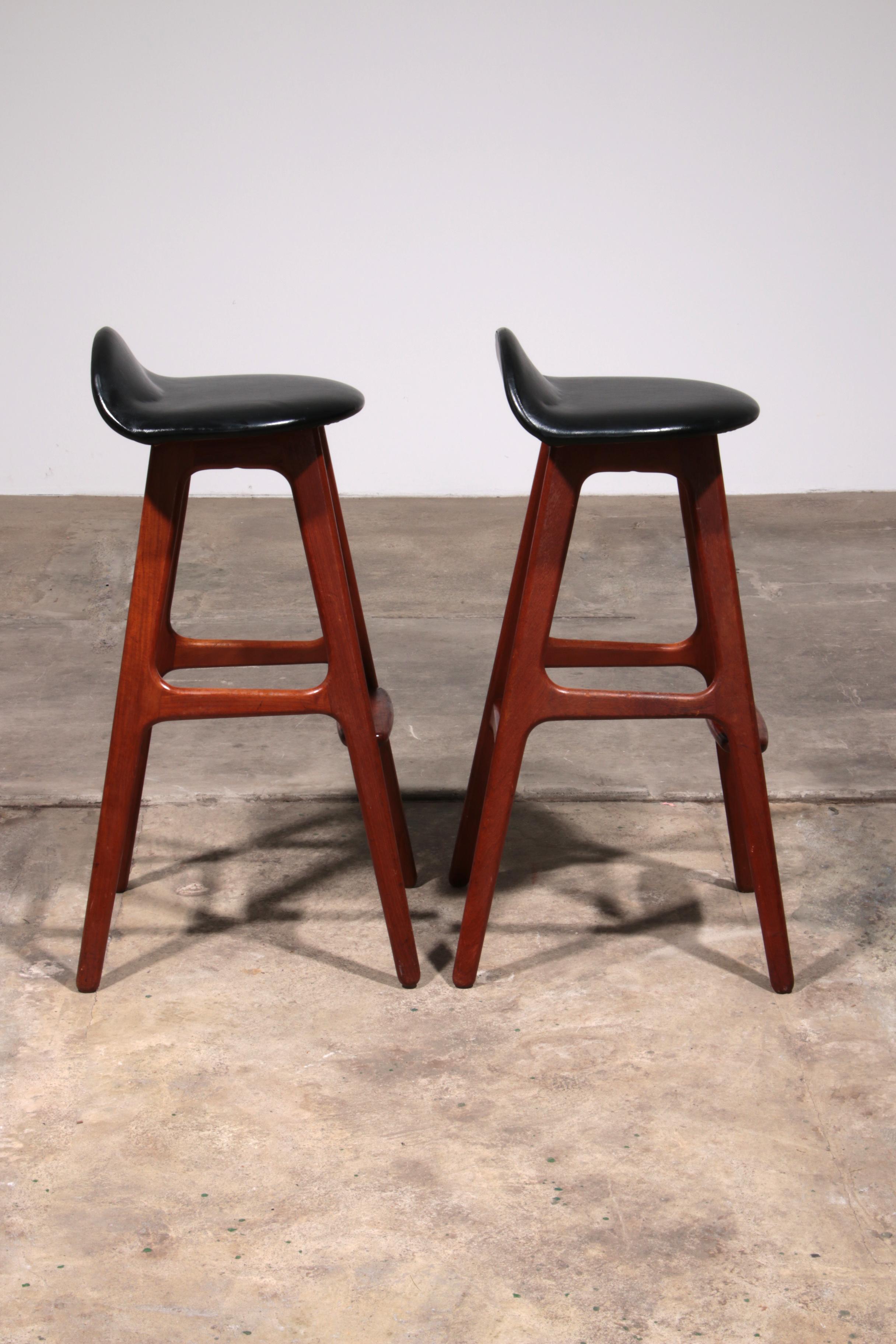 Leather Erik Buch Teak bar stools 1960 Denmark