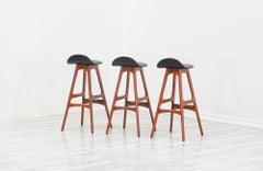Erik Buch Teak & Black Leather Bar Stools for Oddense Maskinsnedkeri