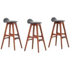 Erik Buch Teak & Black Leather Bar Stools for Oddense Maskinsnedkeri