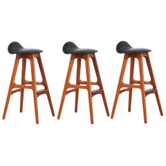 Erik Buch Teck & Tabourets de bar en cuir noir pour Oddense Maskinsnedkeri