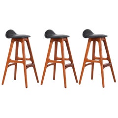 Erik Buch Teak & Black Leather Bar Stools for Oddense Maskinsnedkeri