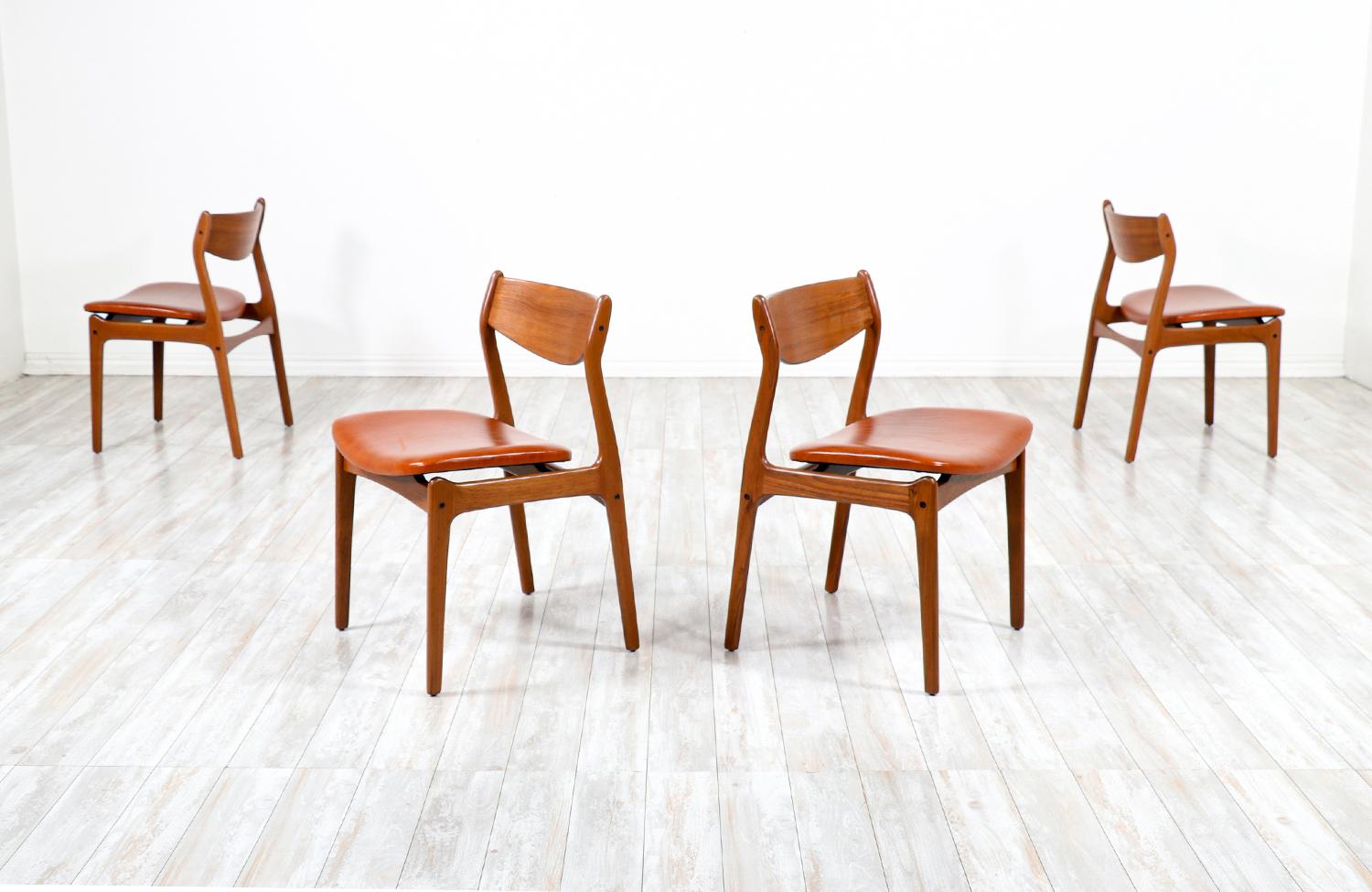 Set of four dining chairs designed by Erick Buch for Oddense Maskinsnedkeri Møbler in Denmark circa 1950s. The frame is made of solid teak wood with the seats newly upholstered in italian full-grain brown leather, which complements the teak wood