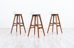 Erik Buch Teak and White Leather Bar Stools for Oddense Maskinsnedkeri