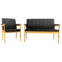 Erik Buch Two-Seat Oak Sofa & Armchair in Pinstripe Black Upholstery Danish