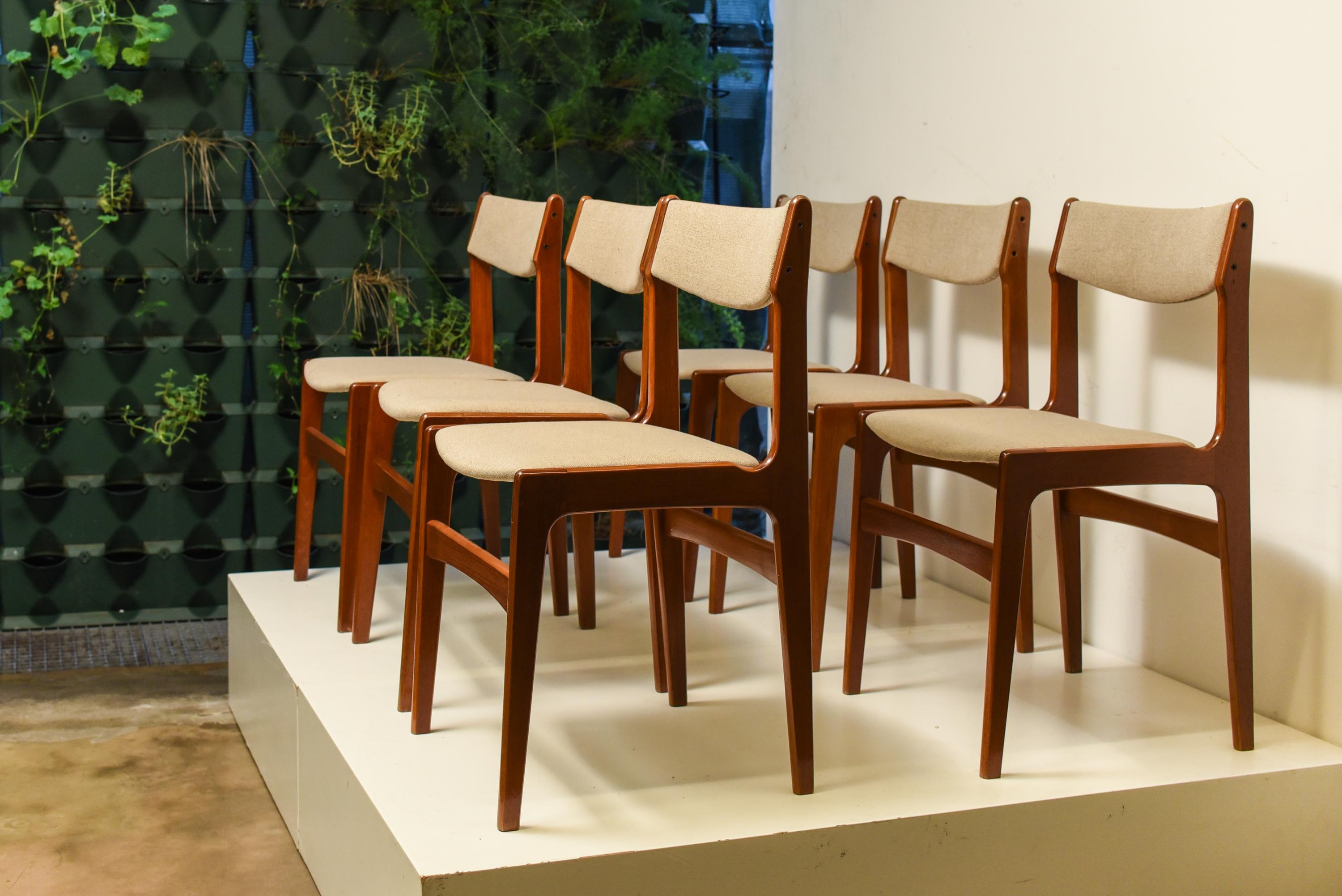 Midcentury set of six teak dining chairs by Erik Buck.