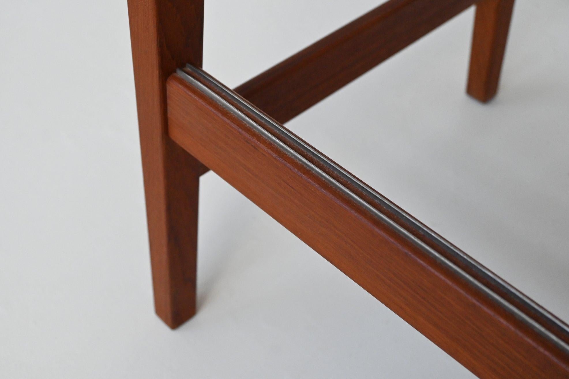 Erik Buck set of three bar stools in teak and leather Dyrlund Denmark 1960 For Sale 11