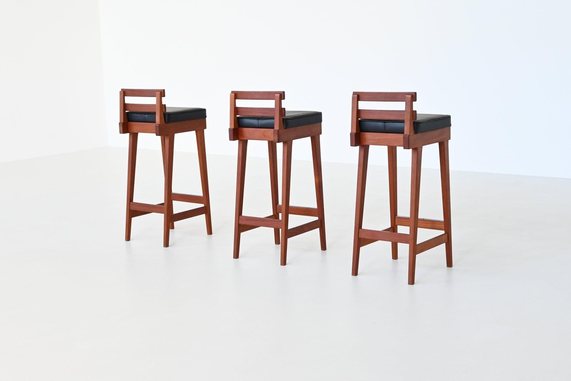 Leather Erik Buck set of three bar stools in teak and leather Dyrlund Denmark 1960 For Sale
