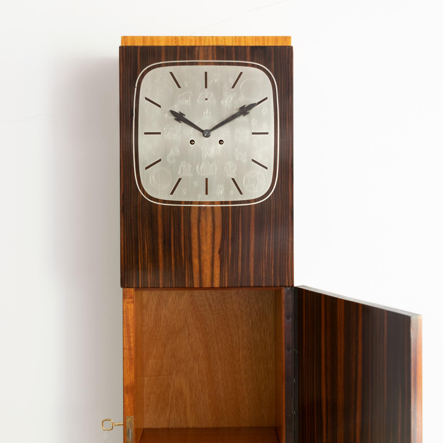 Pewter Erik Chambert Swedish Art Deco Floor Clock in Rosewood and Decorative Marquetry