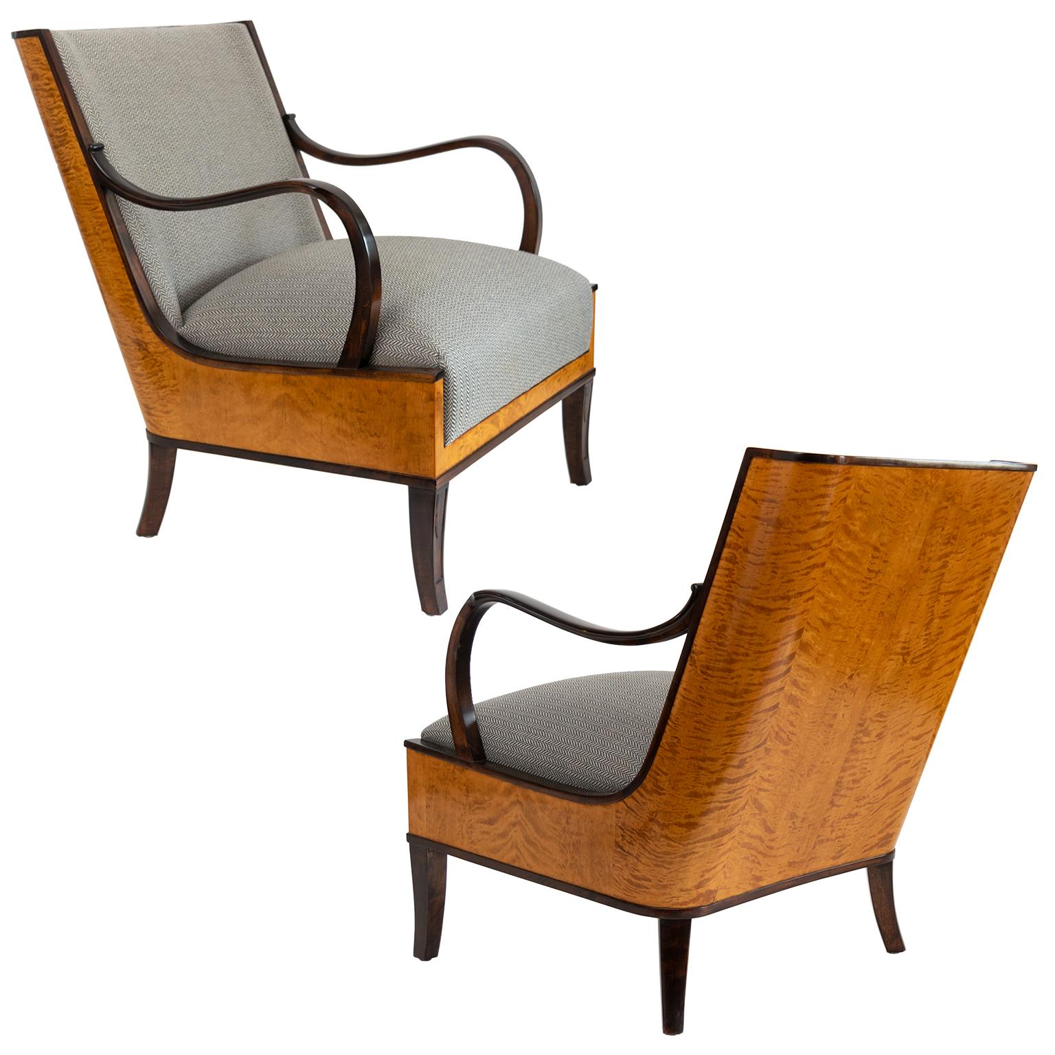 Erik Chambert Swedish Art Deco Pair of Lounge Chairs with Flame Birch Veneer 2