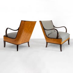Erik Chambert Swedish Art Deco Pair of Lounge Chairs with Flame Birch Veneer