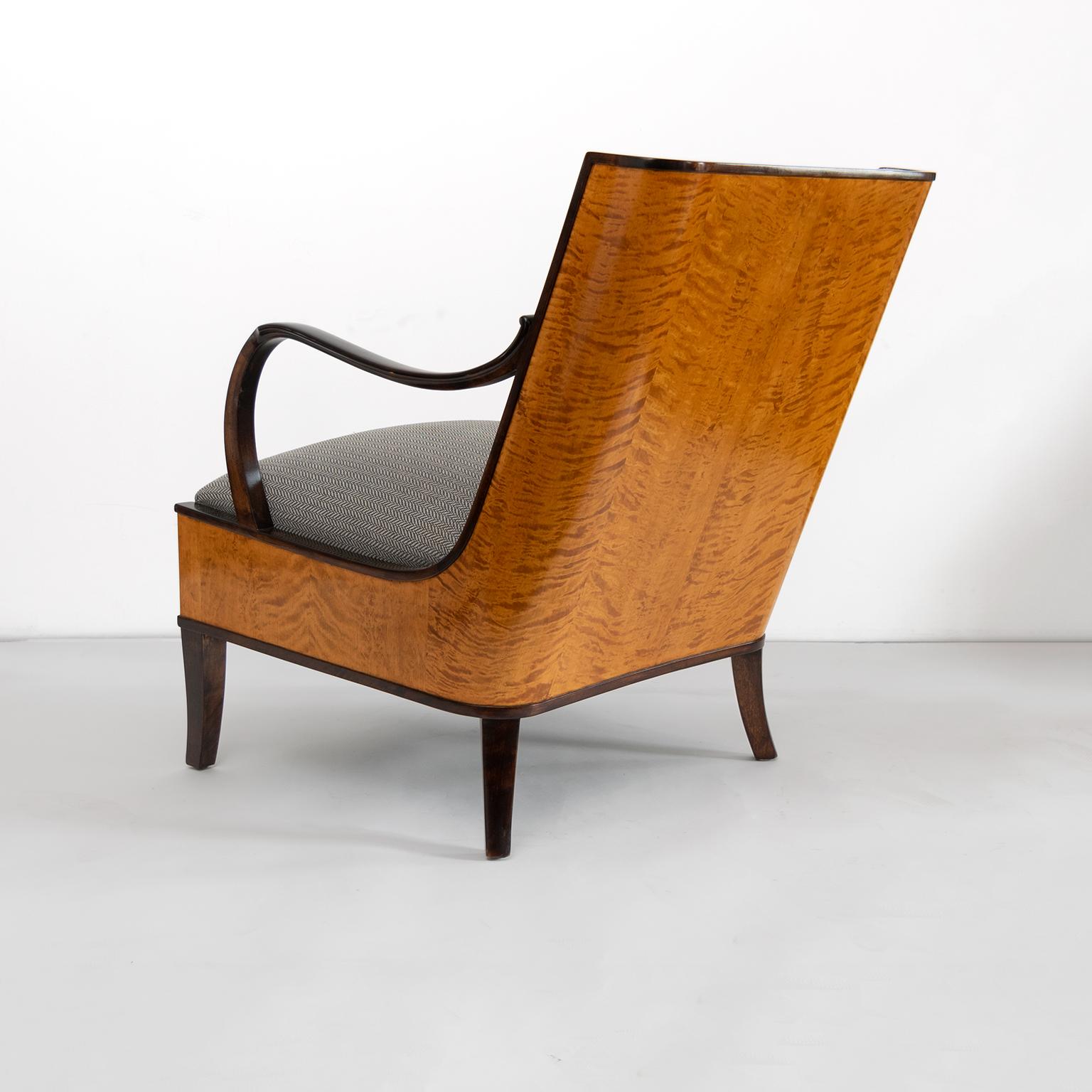 Scandinavian Modern Erik Chambert Swedish Art Deco Pair of Lounge Chairs with Flame Birch Veneer