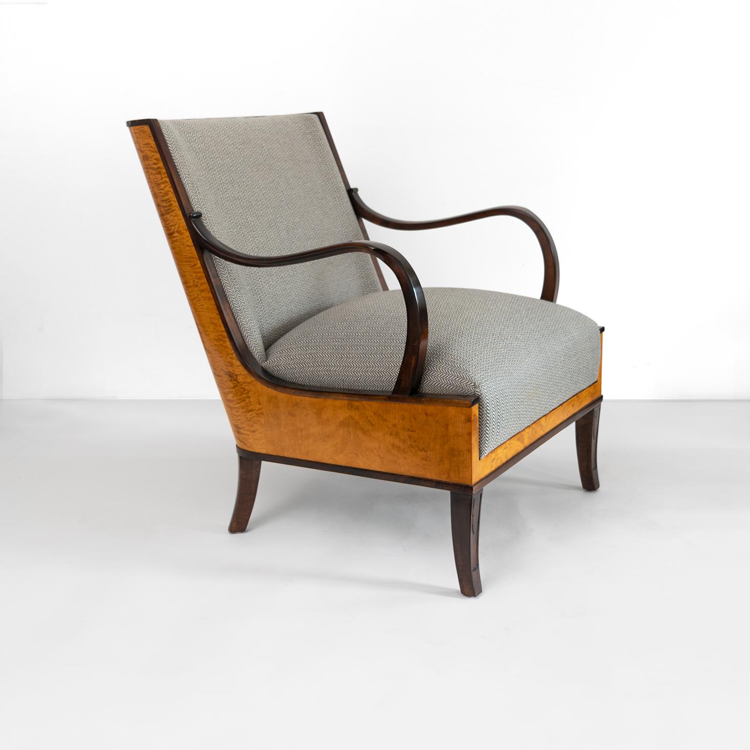 20th Century Erik Chambert Swedish Art Deco Pair of Lounge Chairs with Flame Birch Veneer