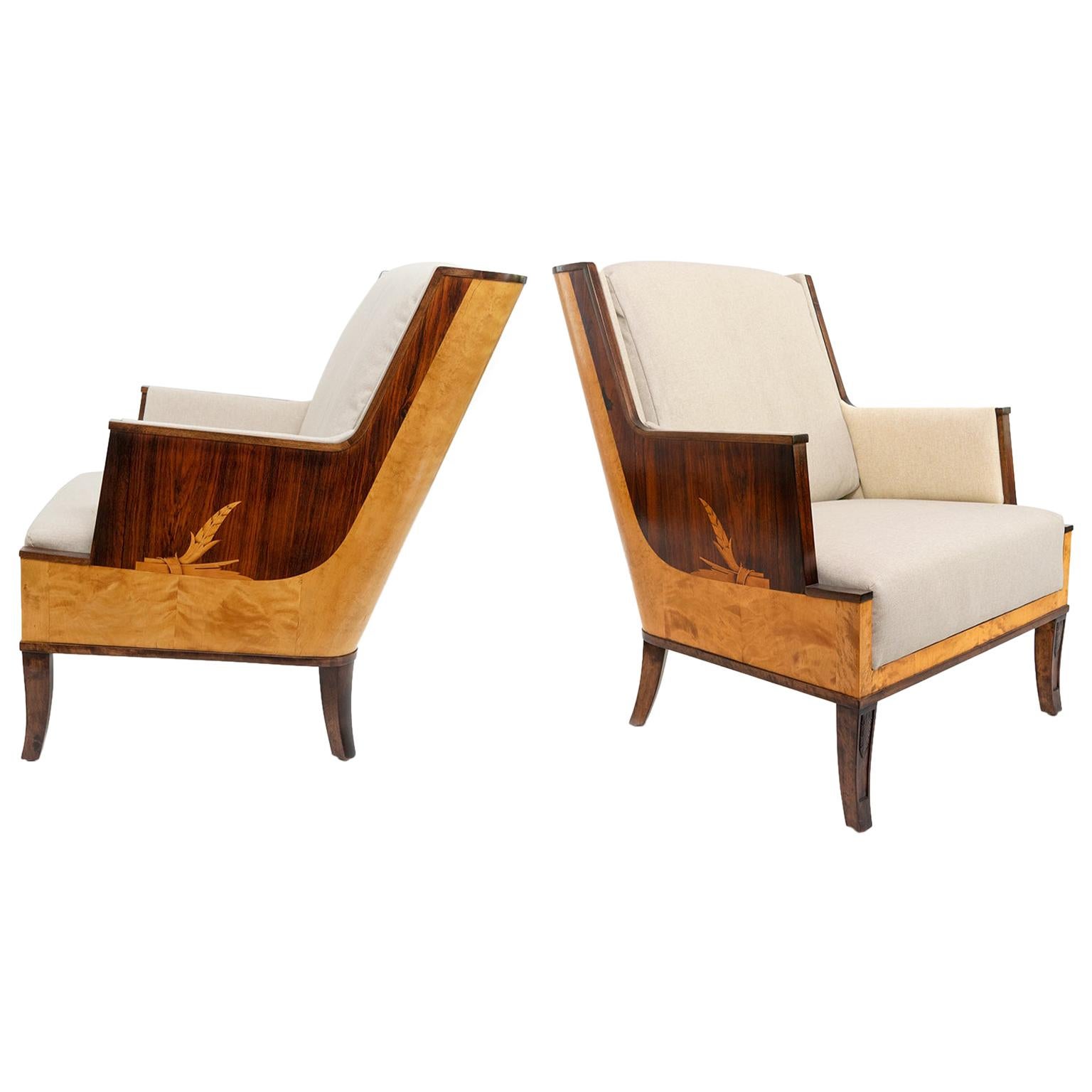 Erik Chambert Swedish Art Deco Scandinavian Modern Marquetry Lounge Chairs