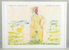 Erik Dietman. Color lithograph. Female figure in an expressive landscape.