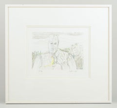 Erik Dietman, Swedish-French artist. A male portrait. Hand-colored lithograph.