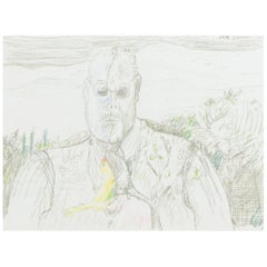 Erik Dietman, Swedish-French artist. A male portrait. Hand-colored lithograph.