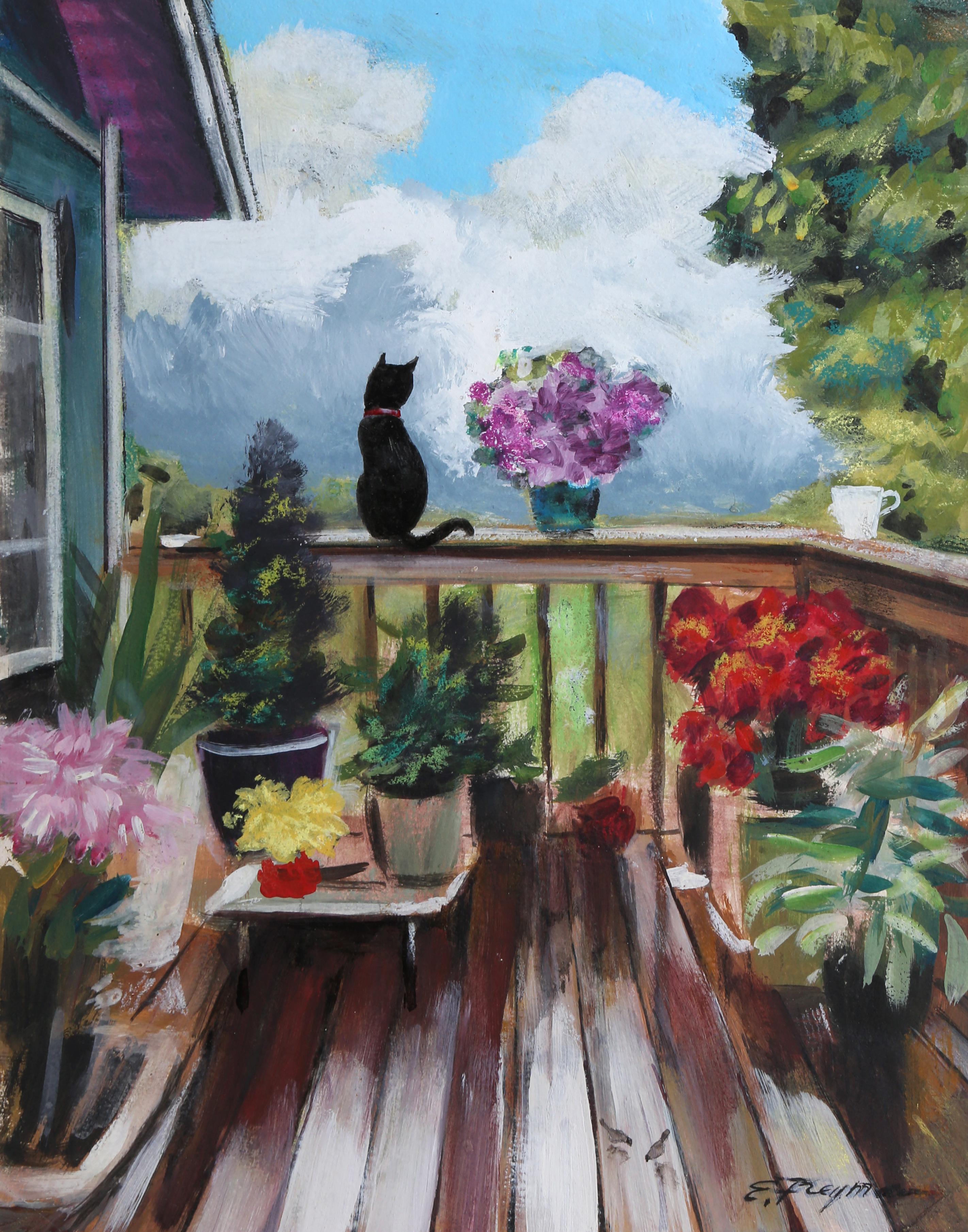 Verano en mi terraza, Pastel al óleo impresionista sobre lienzo de Erik Freyman