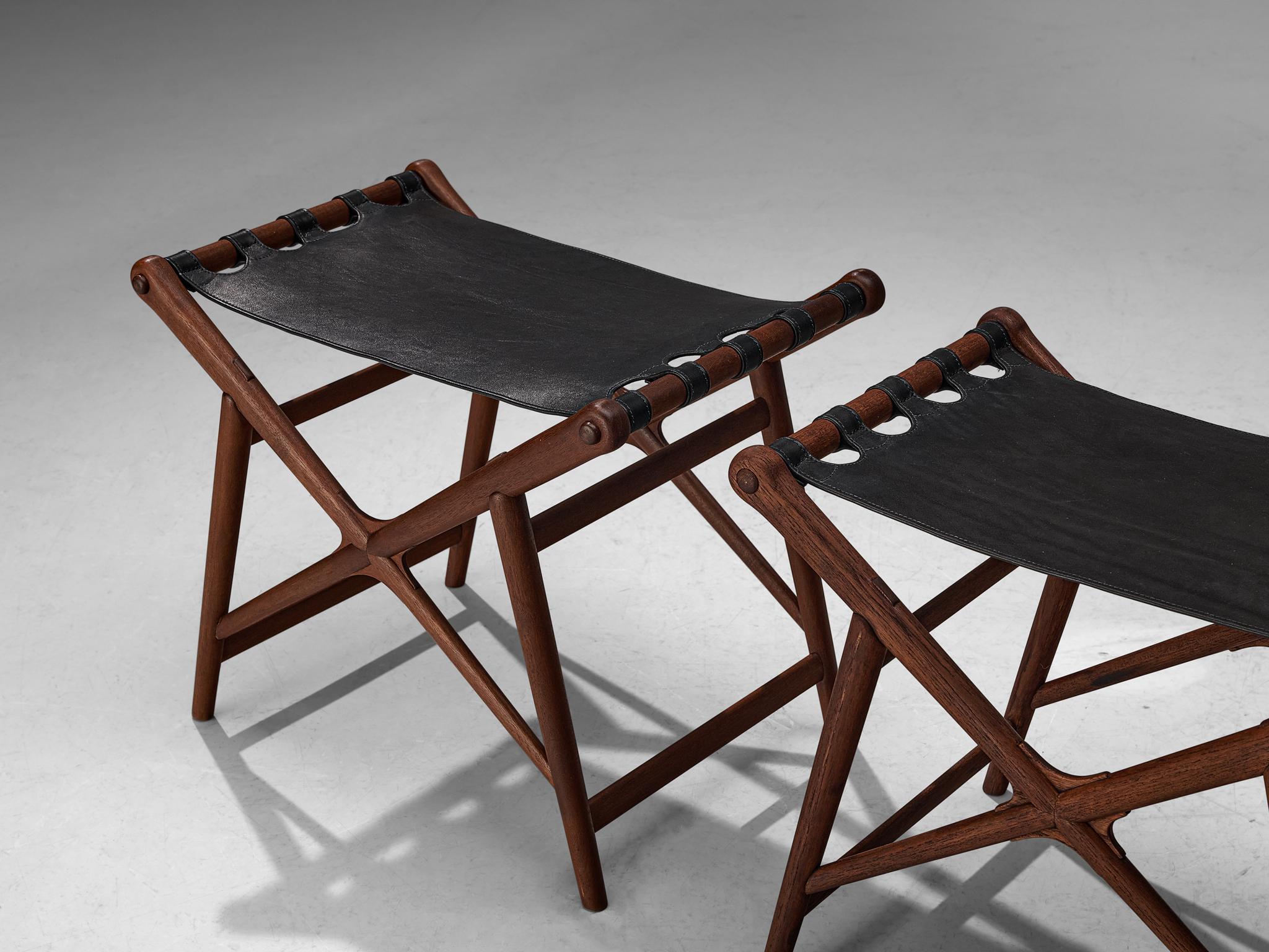 Mid-20th Century Erik Glemme Pair of Stools in Teak and Black Leather