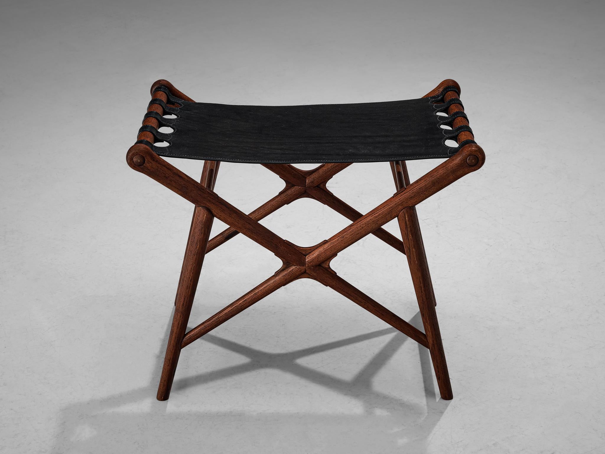 Erik Glemme Pair of Stools in Teak and Black Leather 2