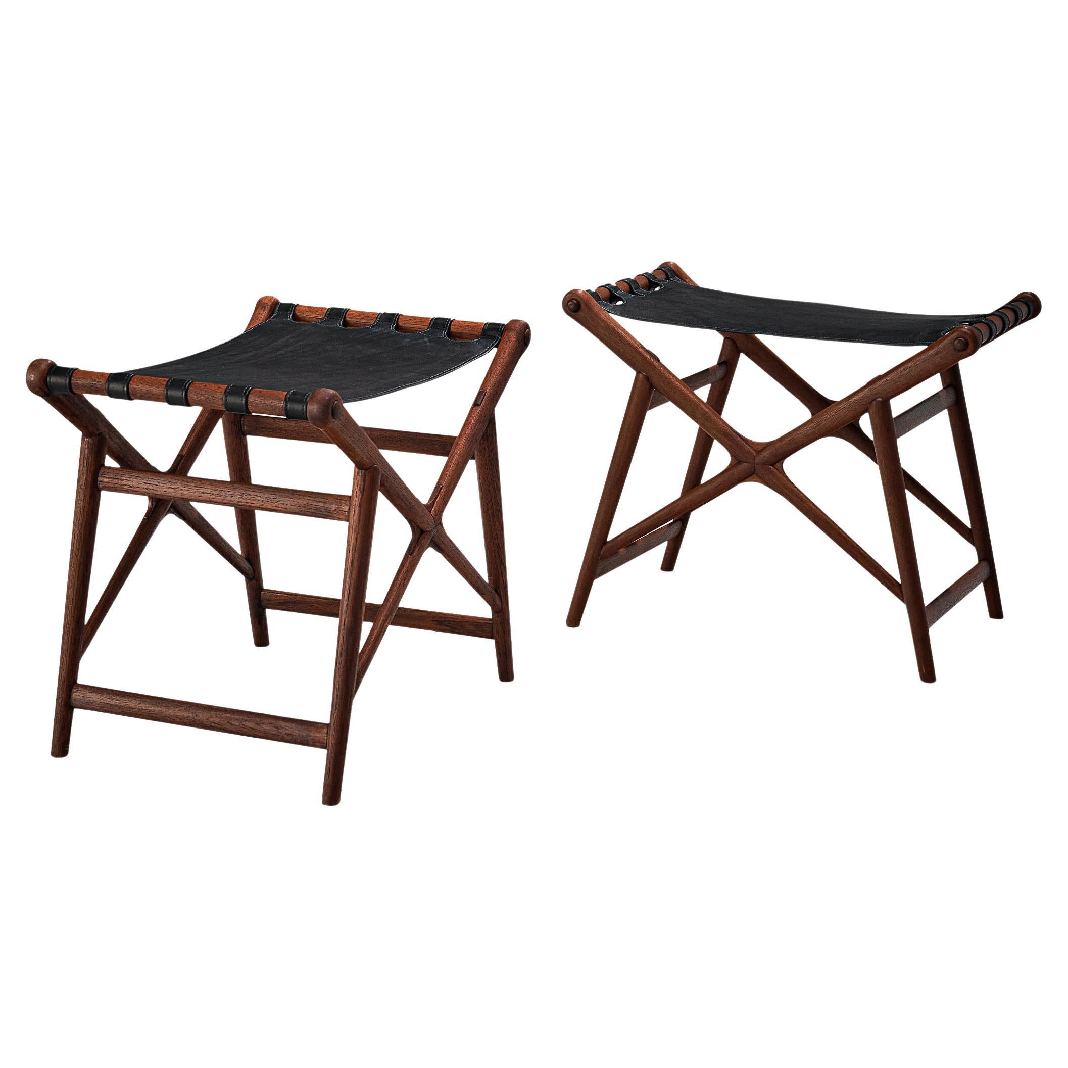 Erik Glemme Pair of Stools in Teak and Black Leather