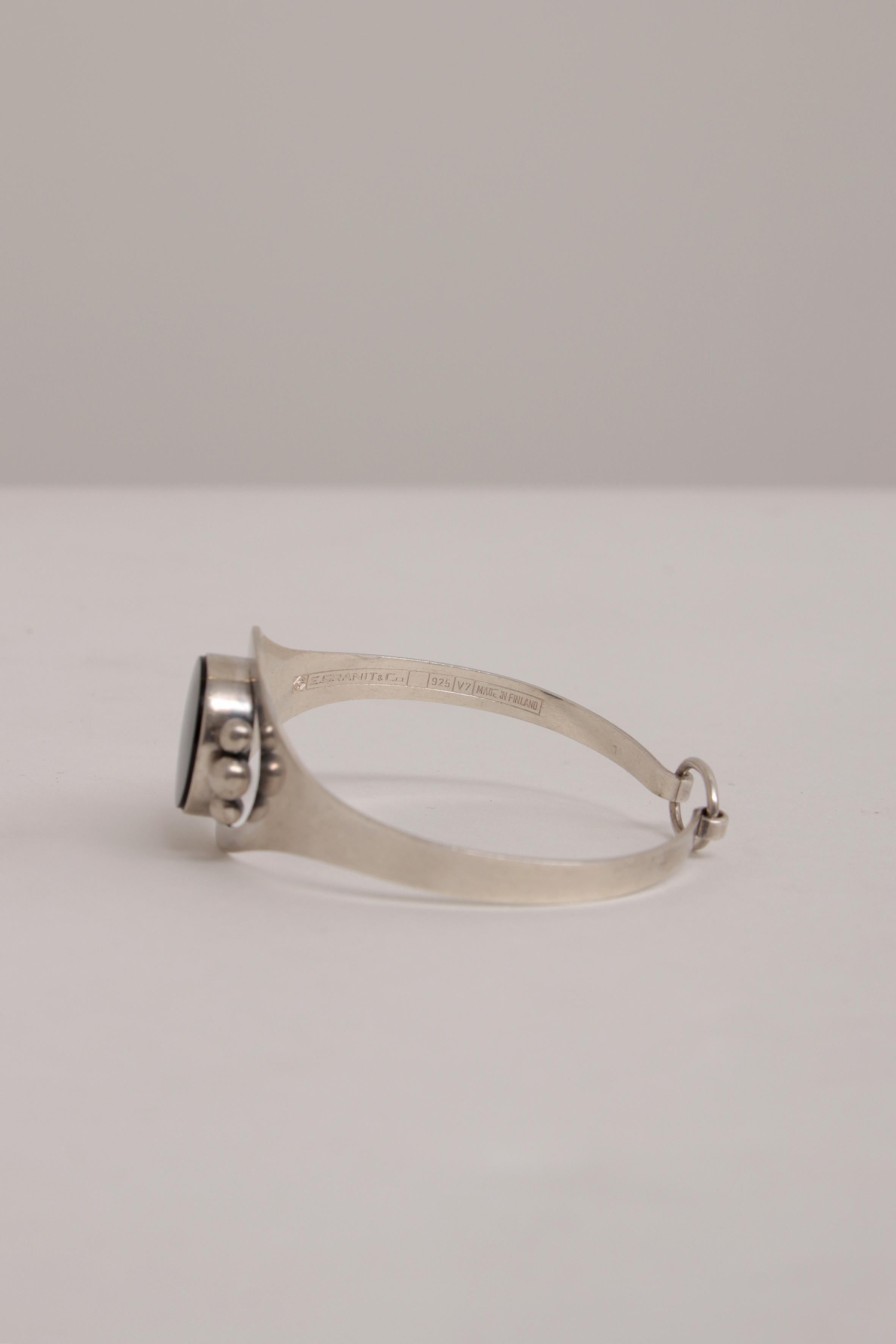 Finnish Erik Granit, Vintage Silver Bracelet with Onyx, Modernist, Finland 1974 For Sale