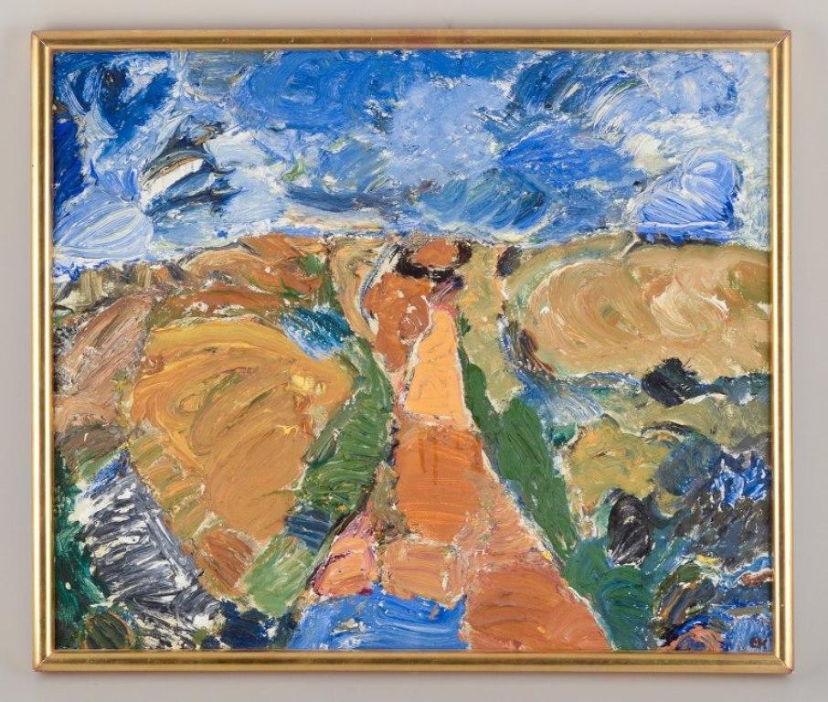 Erik Hallgren (1910-2000), schwedischer Künstler. 
Öl auf Leinwand. Abstrakte Landschaft mit dicken, strukturierten Pinselstrichen.
Signiert 