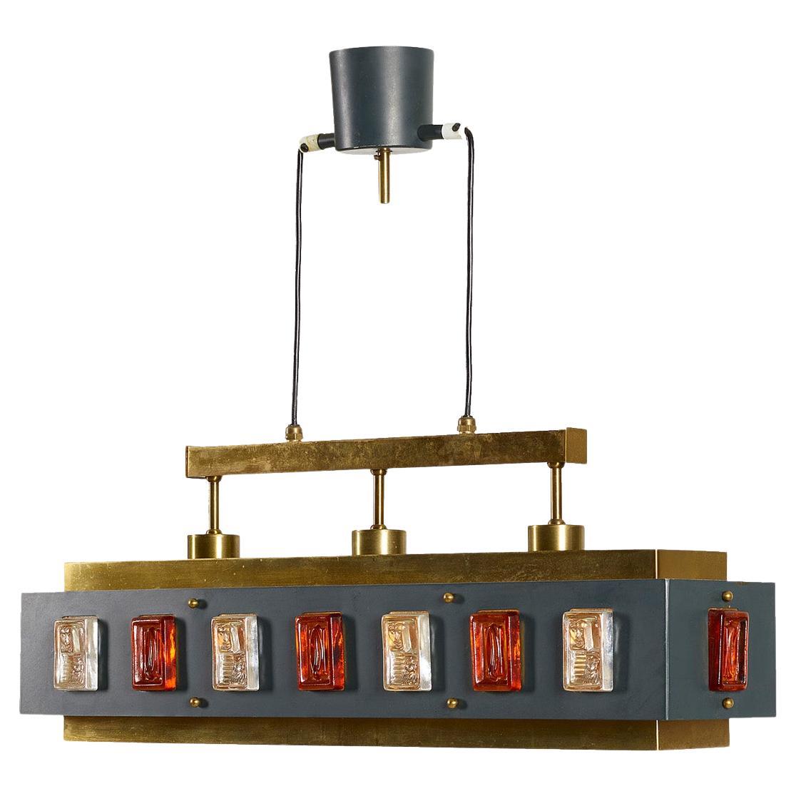 Erik Höglund, Ceiling Lamp, Painted Sheet Metal with Glass Reliefs For Sale