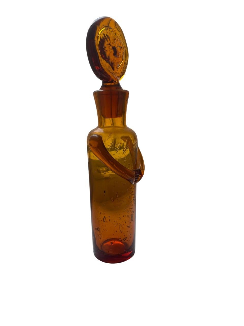 Scandinavian Modern Erik Höglund Figural Art Glass Bottle with Face Stopper for Boda, Sweden, 1950s For Sale