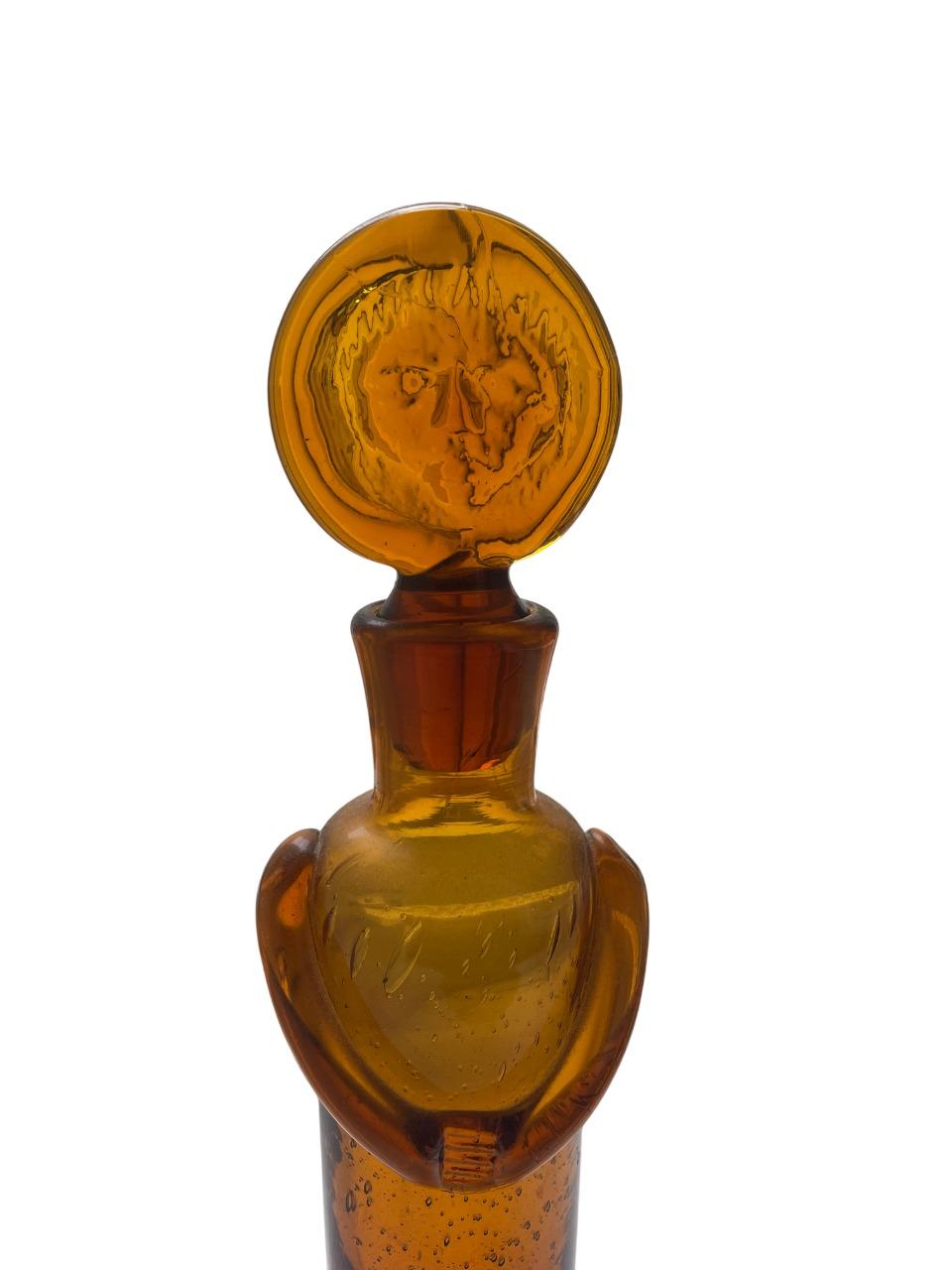 Swedish Erik Höglund Figural Art Glass Bottle with Face Stopper for Boda, Sweden, 1950s For Sale