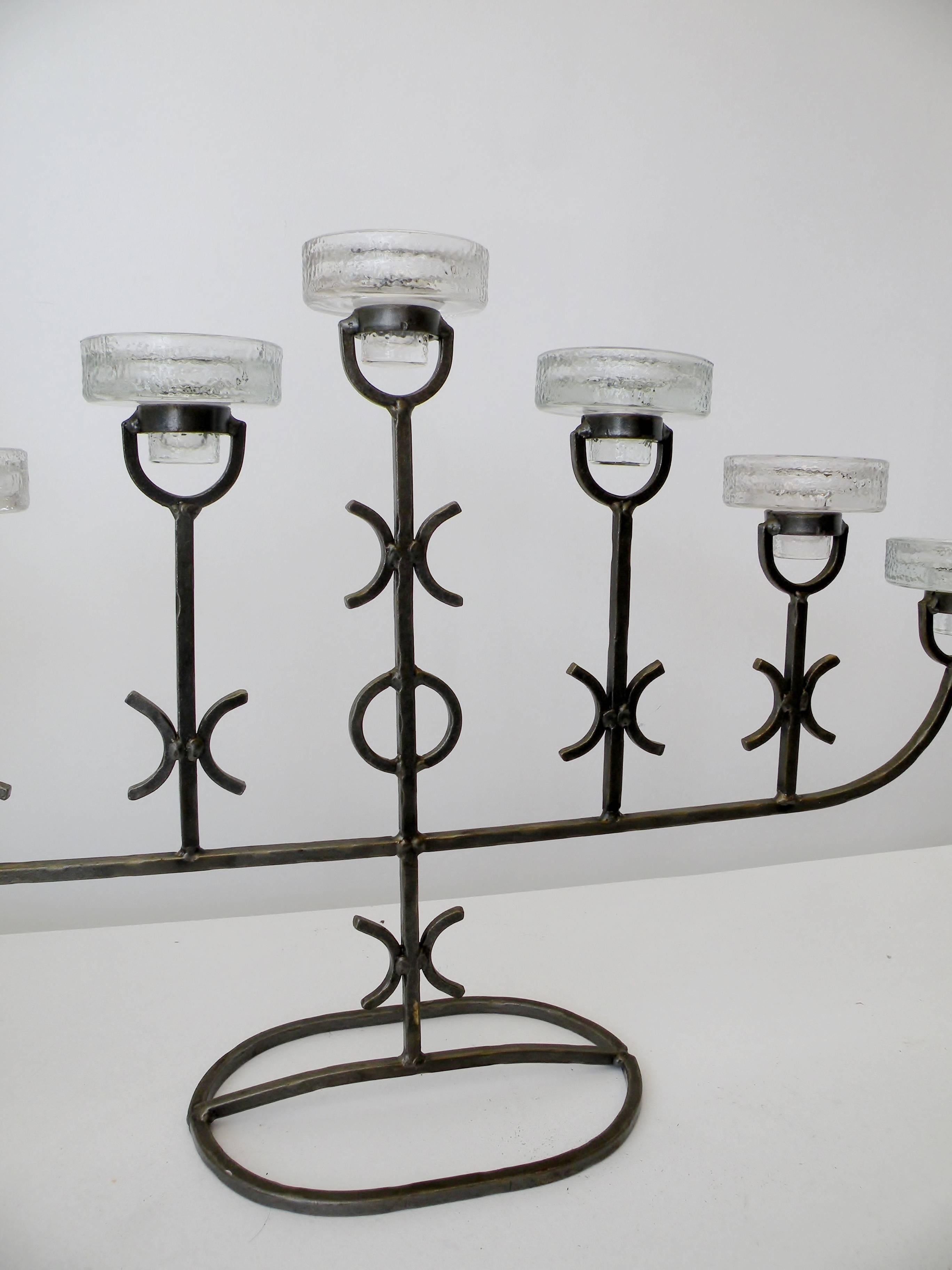 Scandinavian modernist seven-light freestanding candelabra designed by Erik Hoglund for Boda Nova Glassworks and by Axel Stromberg metalworks Sweden. Glass candle holders are 6.5