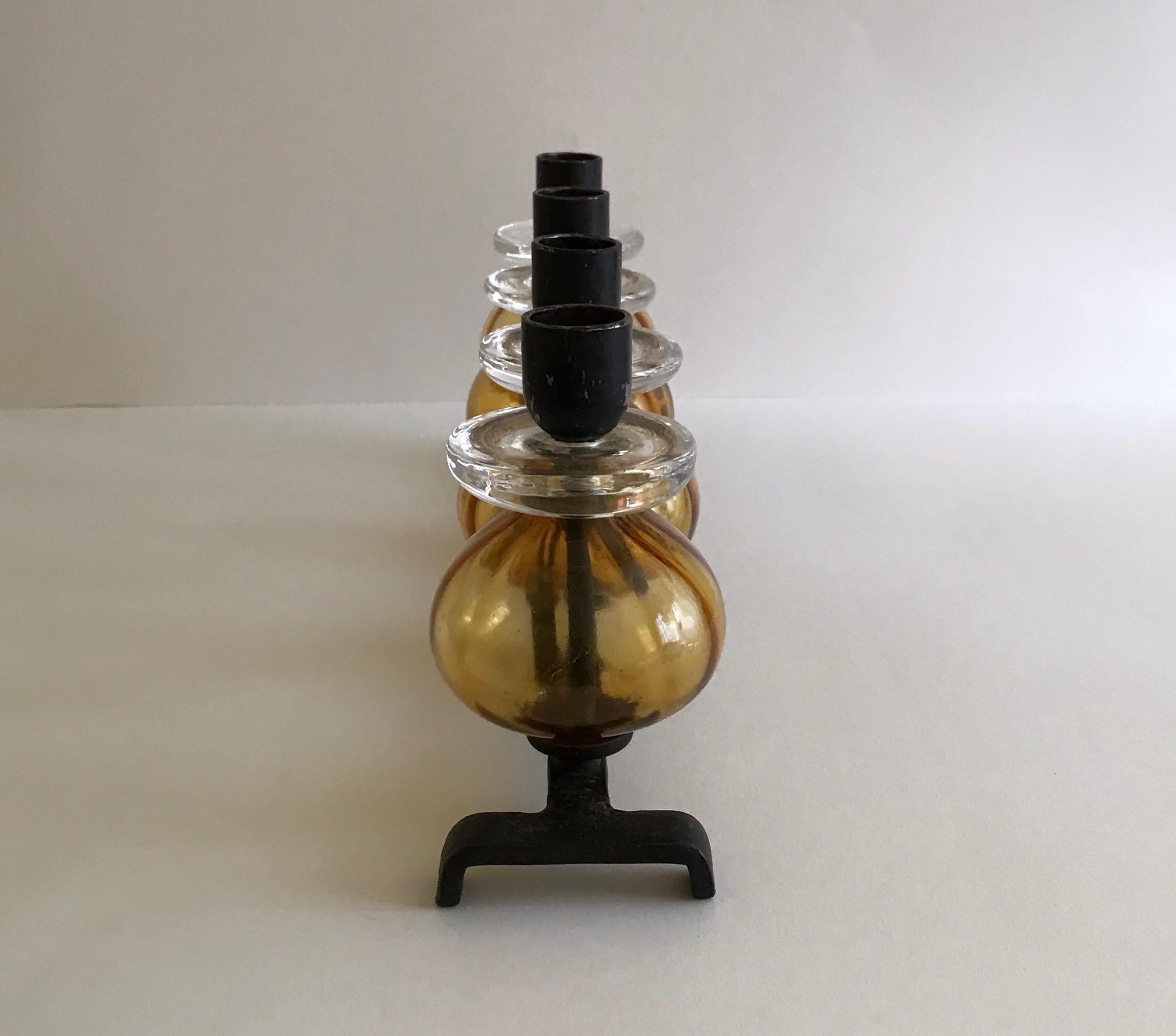 Swedish Erik Hoglund for Kosta Boda Amber Glass Candelabra For Sale