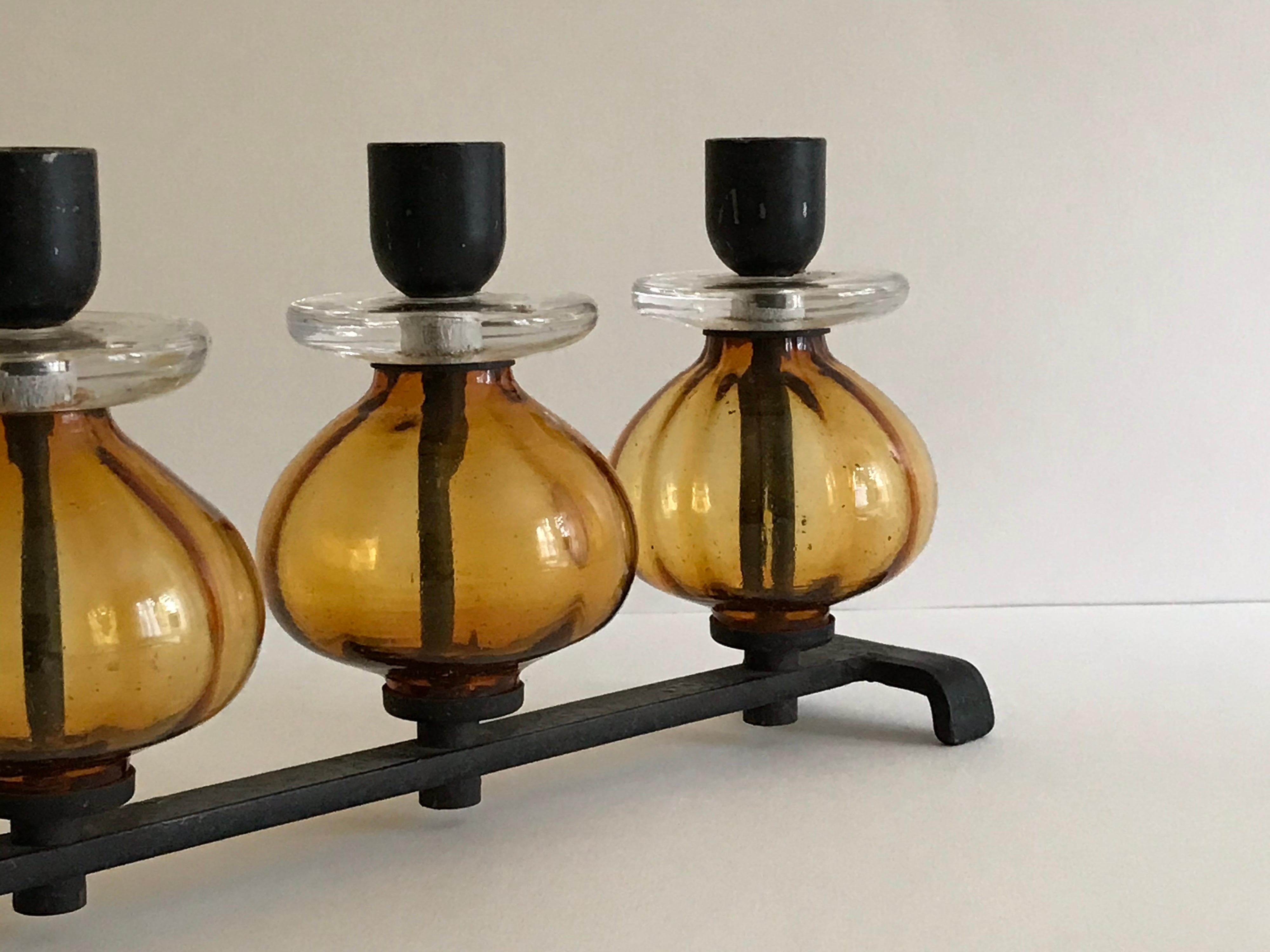 Painted Erik Hoglund for Kosta Boda Amber Glass Candelabra For Sale