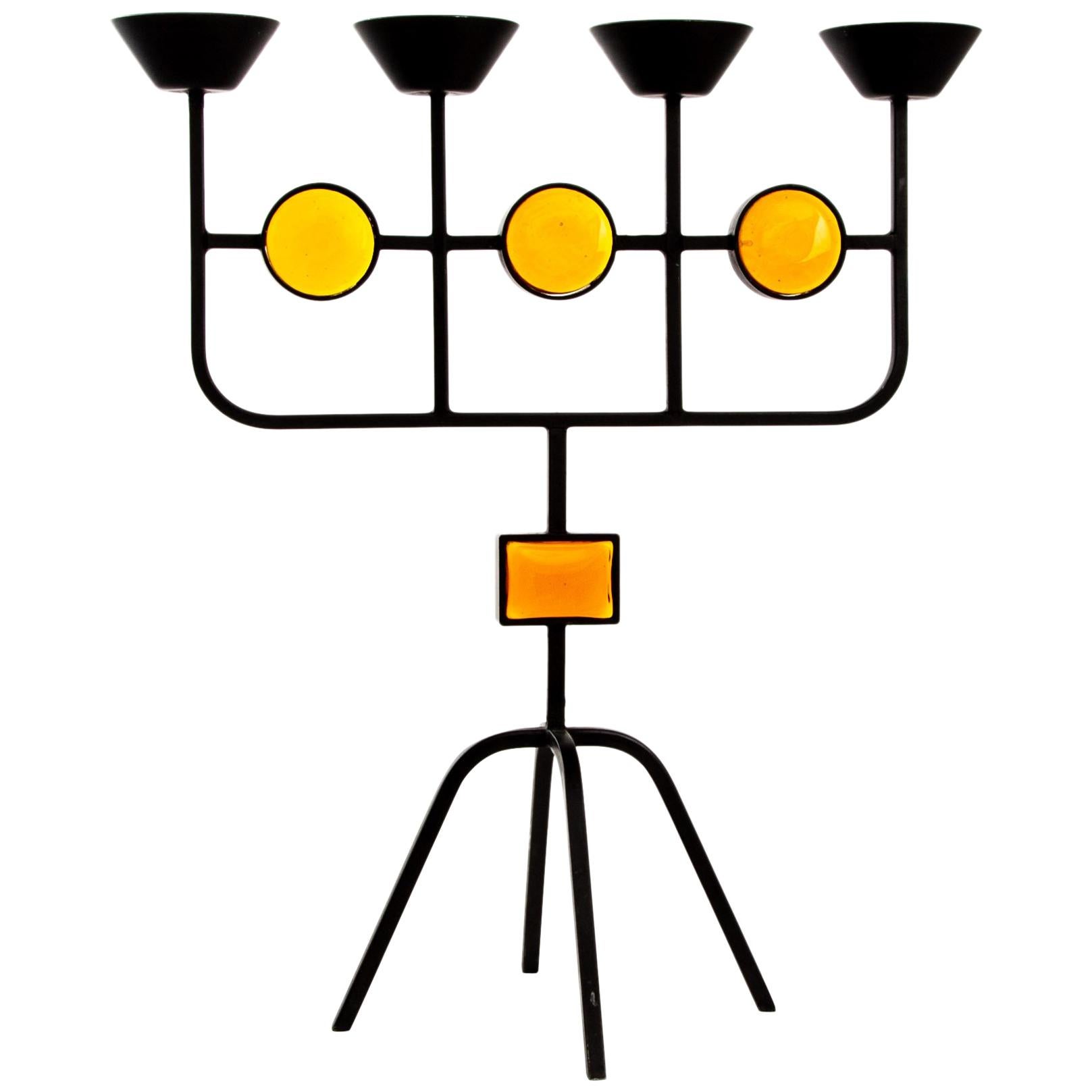 Erik Höglund for Ystad Metall with Yellow Artglas, Candlelabra For Sale