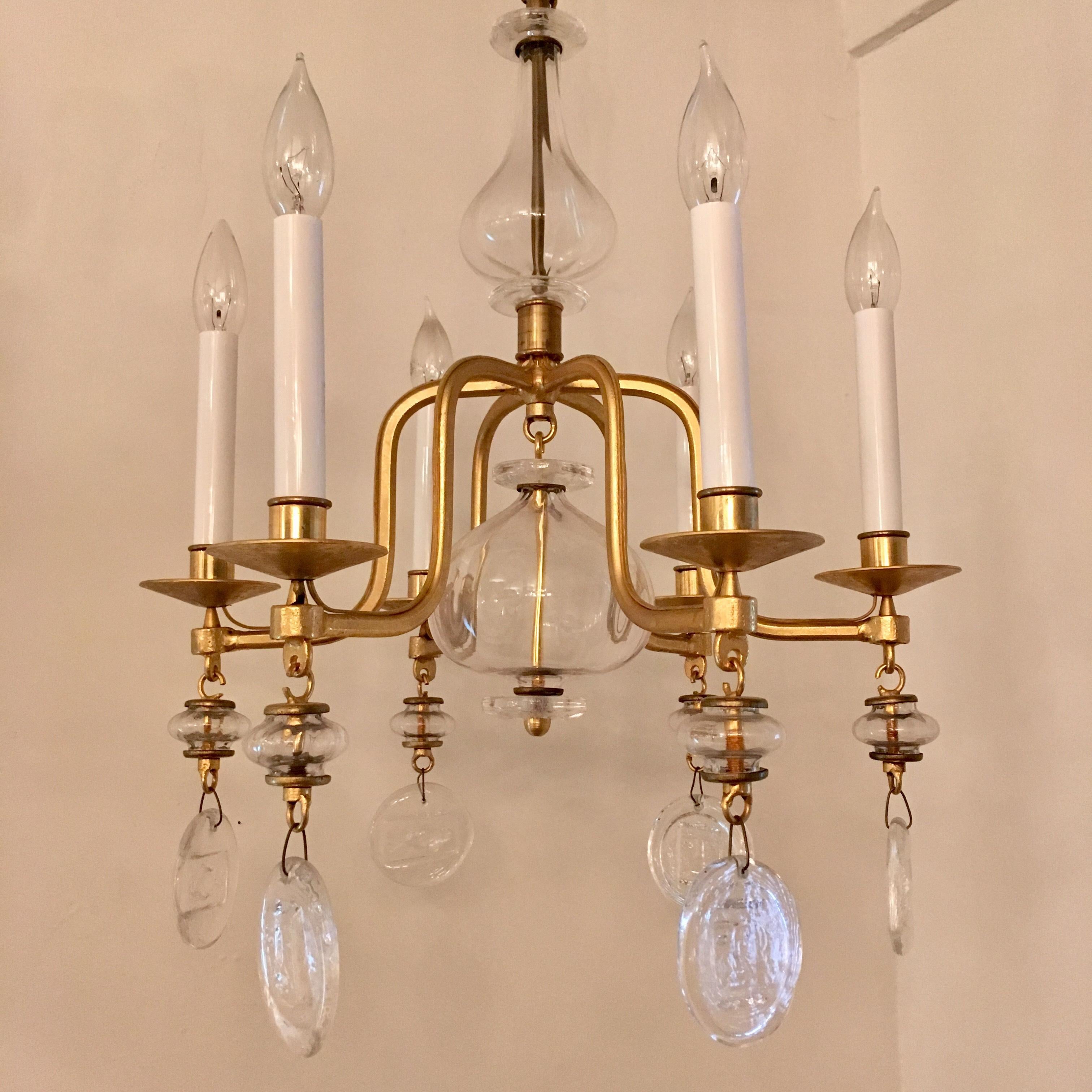 A 1960s Erik Hoglund for Kosta Boda six-light gilded chandelier with handblown glass elements. Rewired. 48