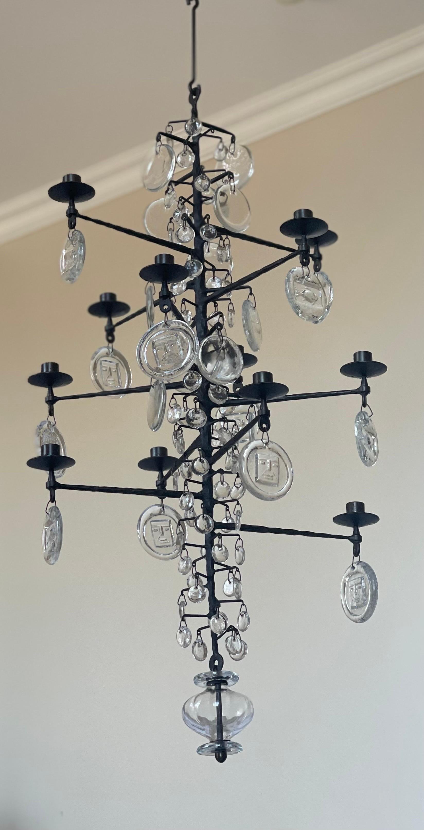 Erik Hoglund Large Iron and Glass Chandelier, Sweden, circa 1970s For Sale 6