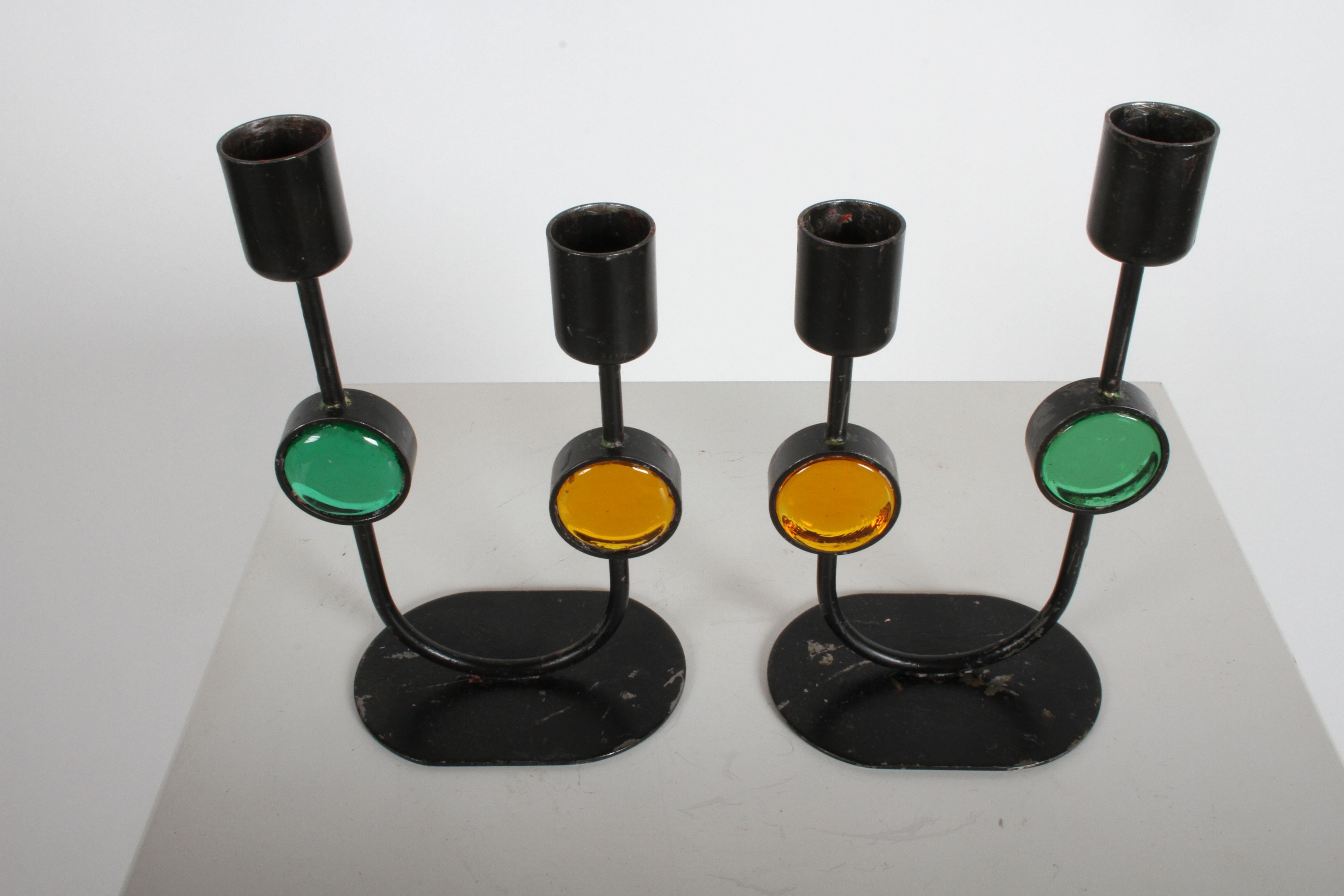 Swedish Erik Höglund Mid-Century Modern Glass and Iron Candle Sticks for Ystad-Sweden