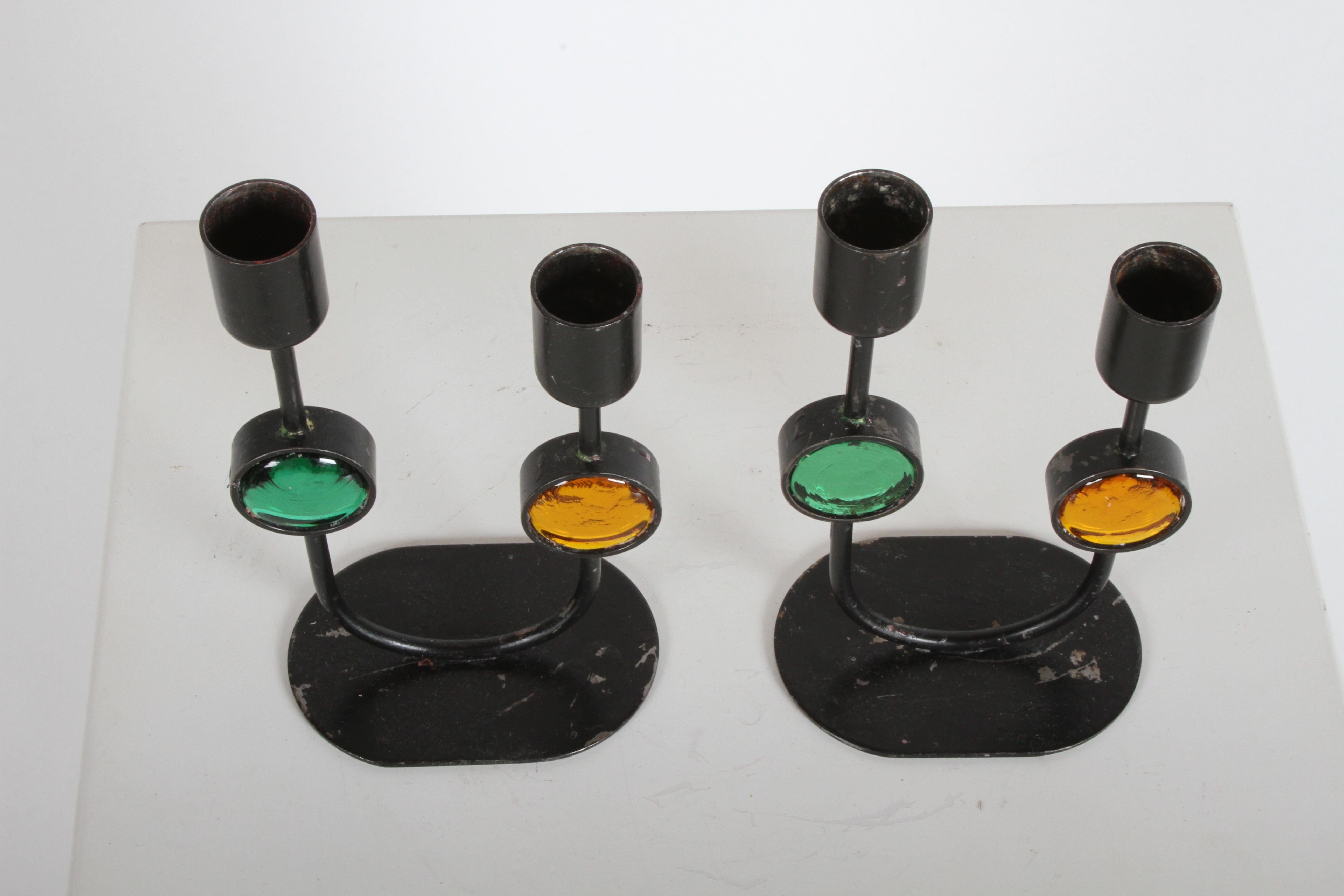 Erik Höglund Mid-Century Modern Glass and Iron Candle Sticks for Ystad-Sweden 2