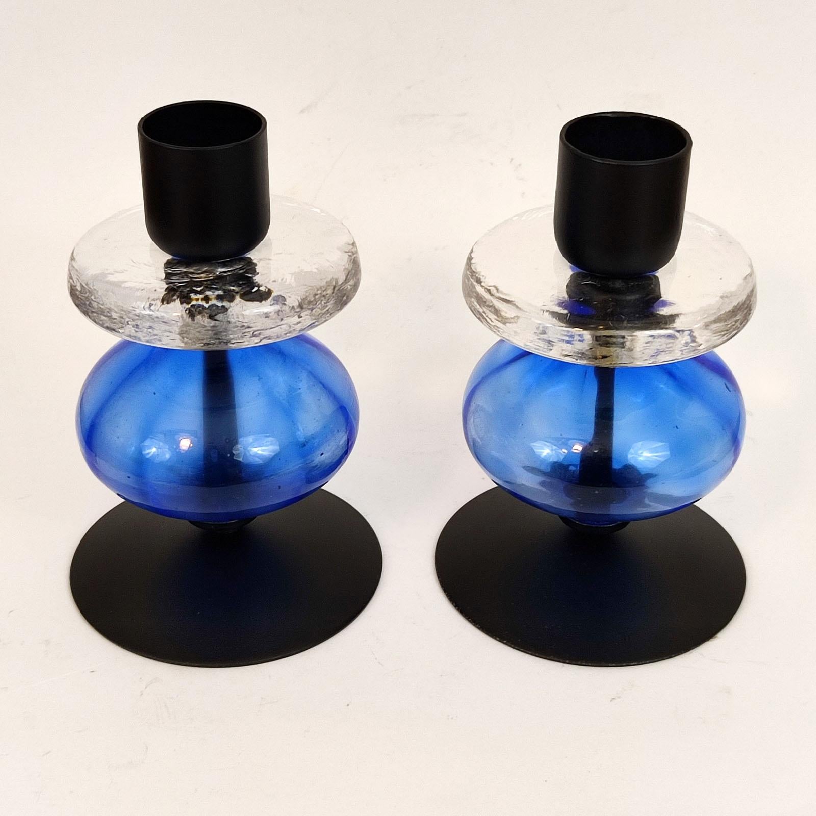 Art Glass Erik Hoglund Pair of Candle Holders, Blue and Clear Glass, Mid-Century, Sweden For Sale
