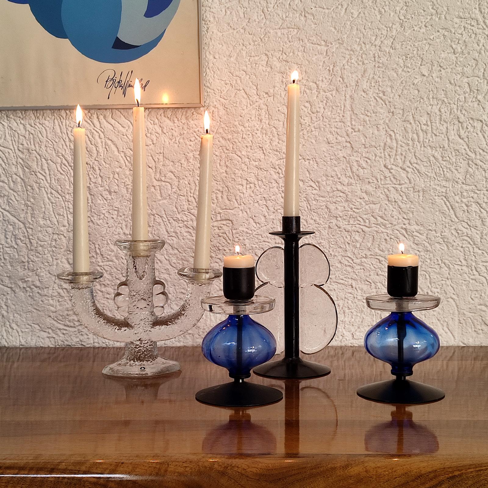 Erik Hoglund Pair of Candle Holders, Blue and Clear Glass, Mid-Century,  Sweden For Sale at 1stDibs