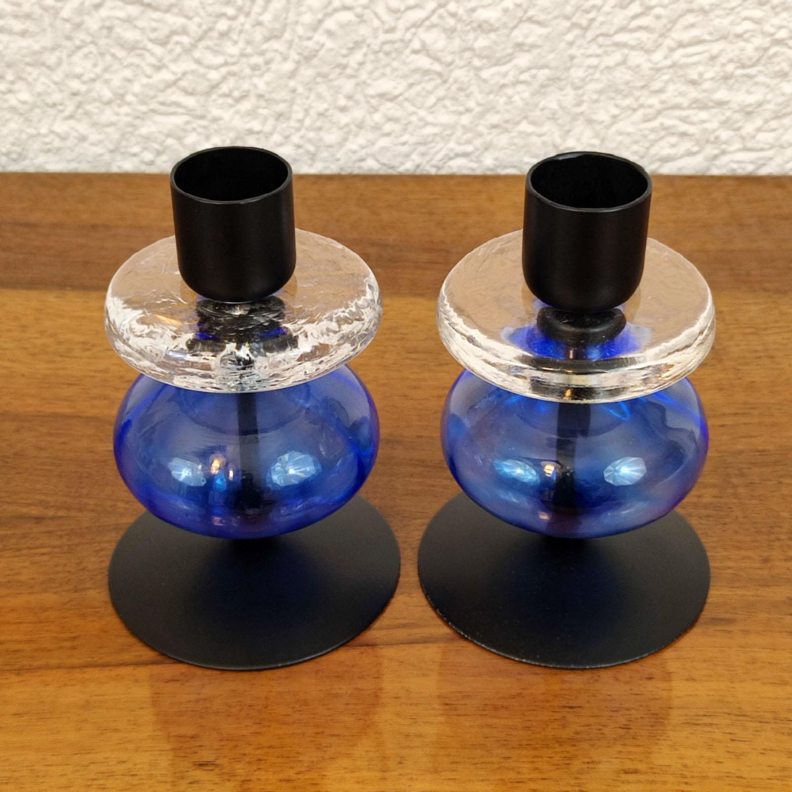 Mid-Century Modern Erik Hoglund Pair of Candle Holders, Blue and Clear Glass, Mid-Century, Sweden For Sale