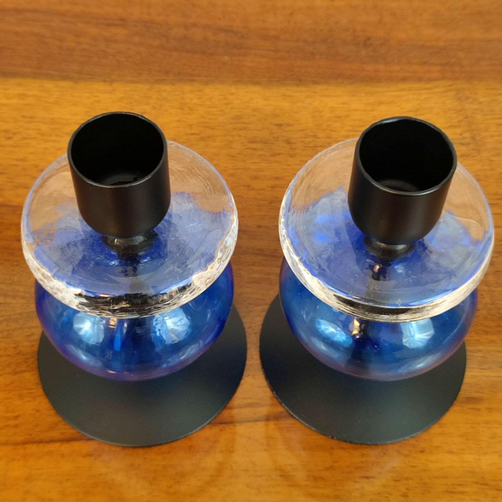 Swedish Erik Hoglund Pair of Candle Holders, Blue and Clear Glass, Mid-Century, Sweden For Sale
