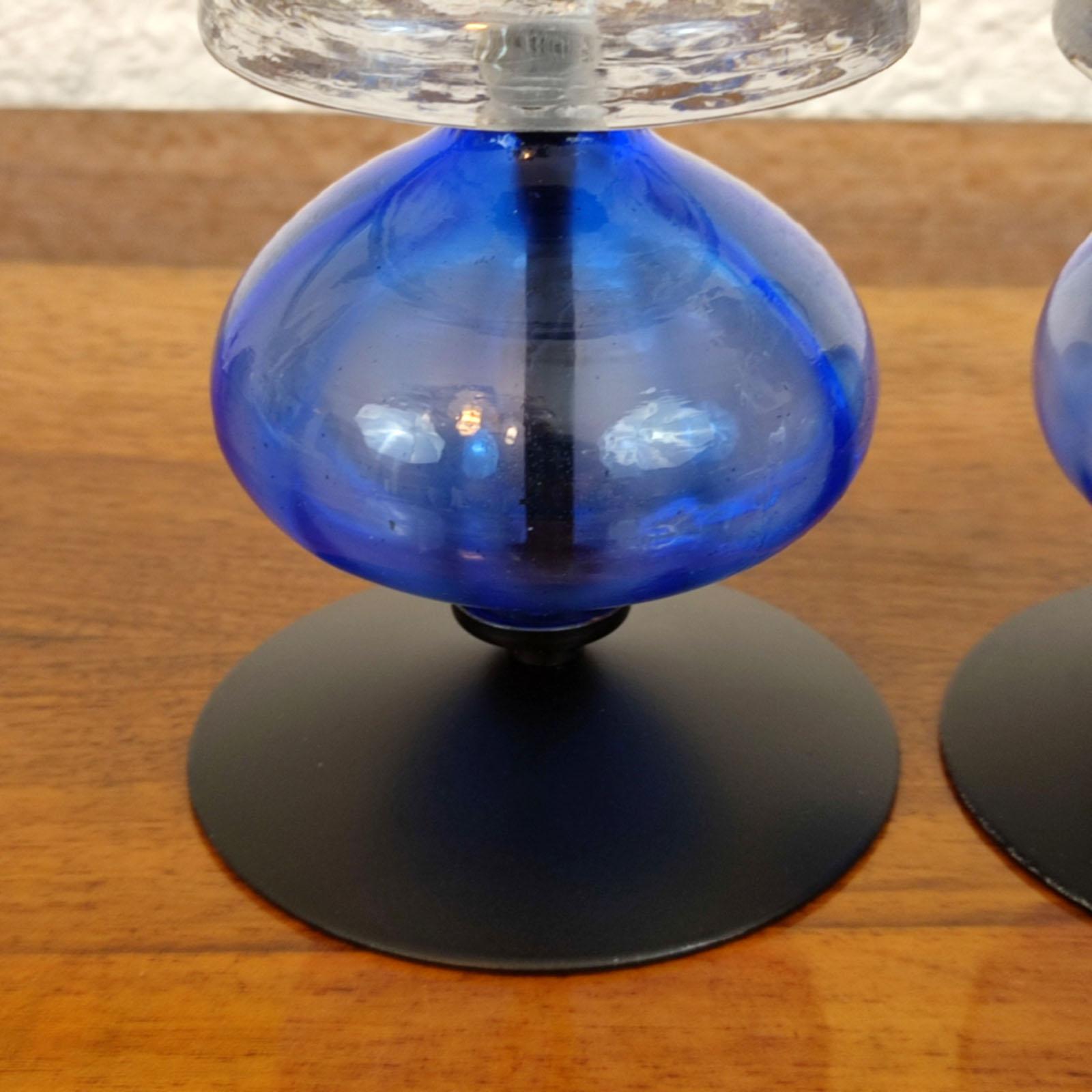 Erik Hoglund Pair of Candle Holders, Blue and Clear Glass, Mid-Century, Sweden In Good Condition For Sale In Bochum, NRW